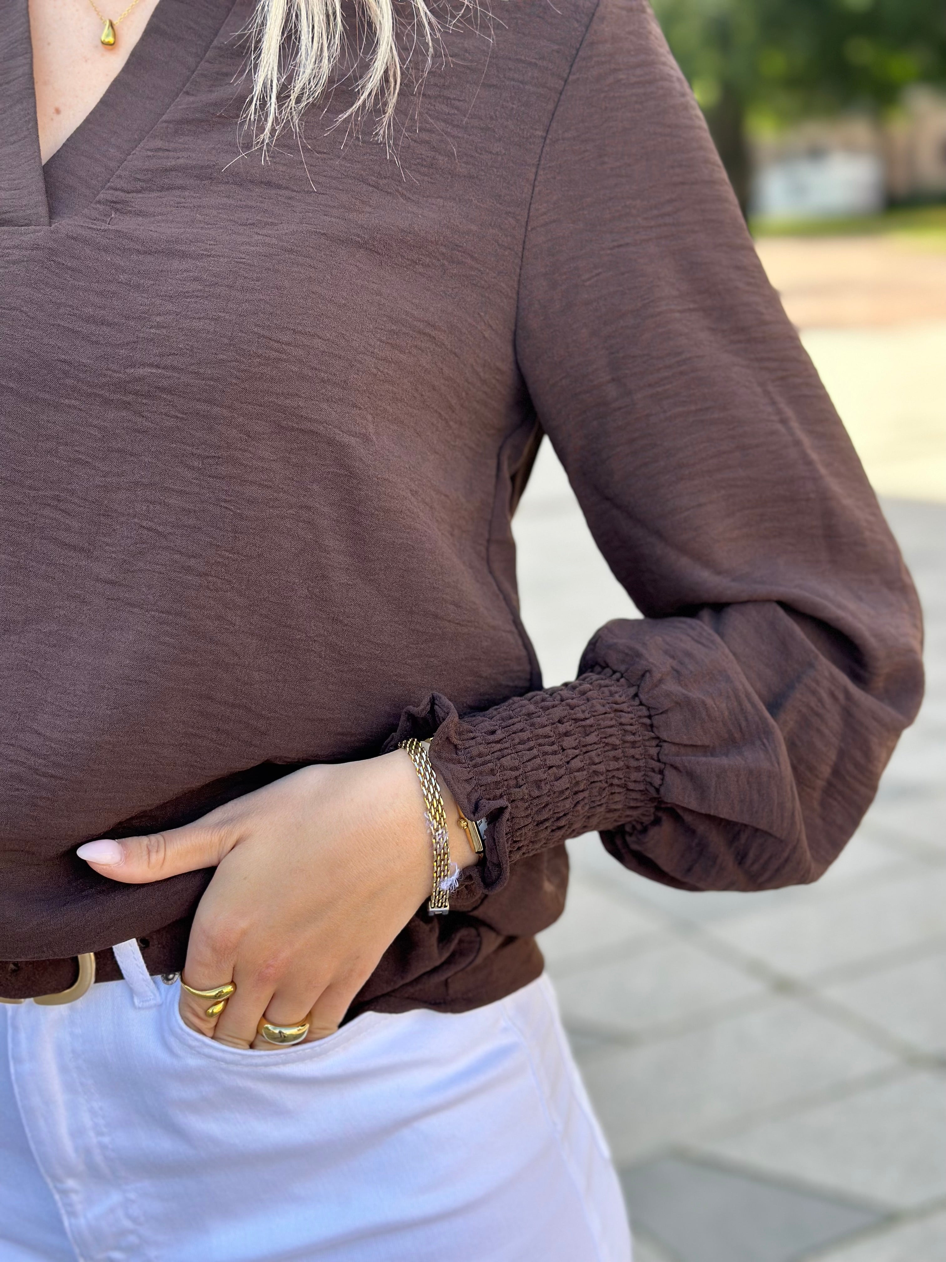 ONLY - METTE V-NECK LS SMOCK TOP - COFFEE BEAN