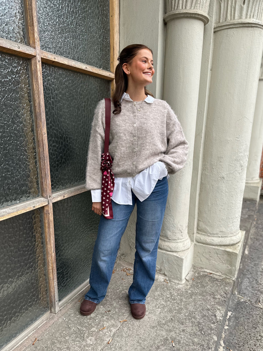 PIECES - CALLIE LS O-NECK KNIT CARDIGAN - GREIGE/MELANGE