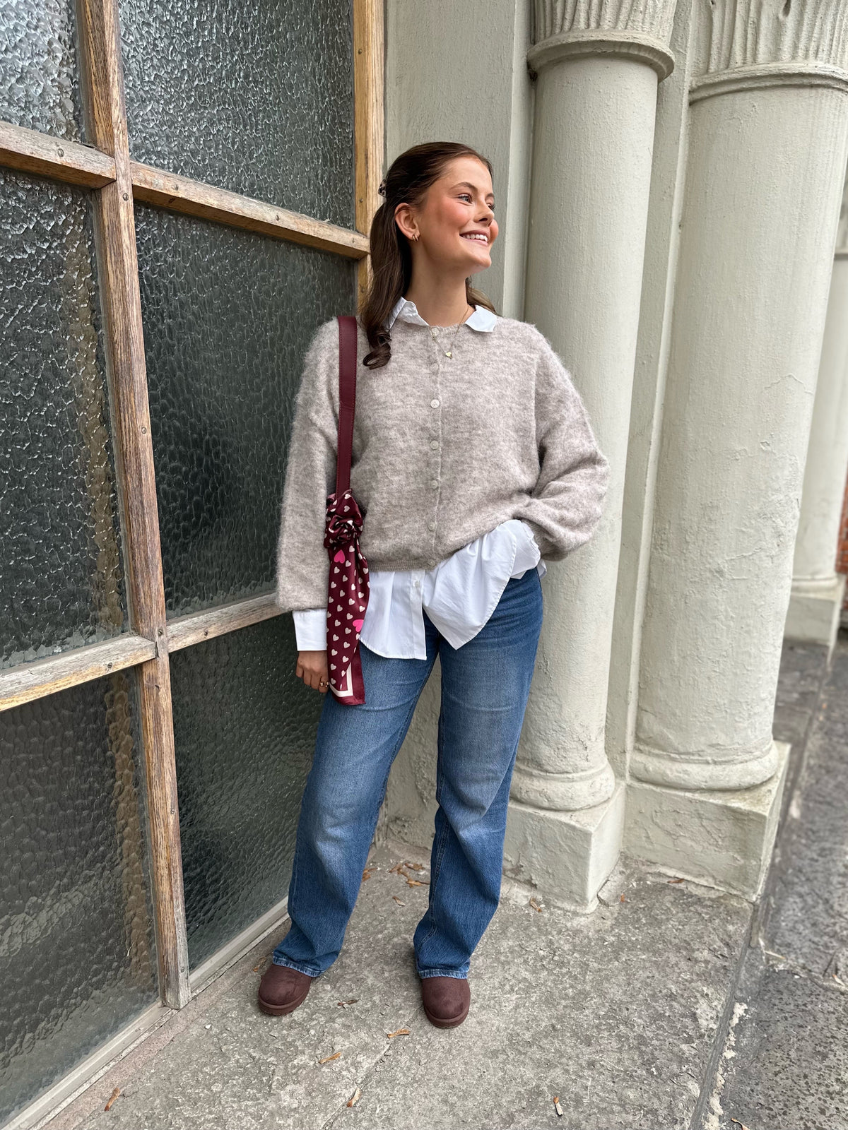 PIECES - CALLIE LS O-NECK KNIT CARDIGAN - GREIGE/MELANGE
