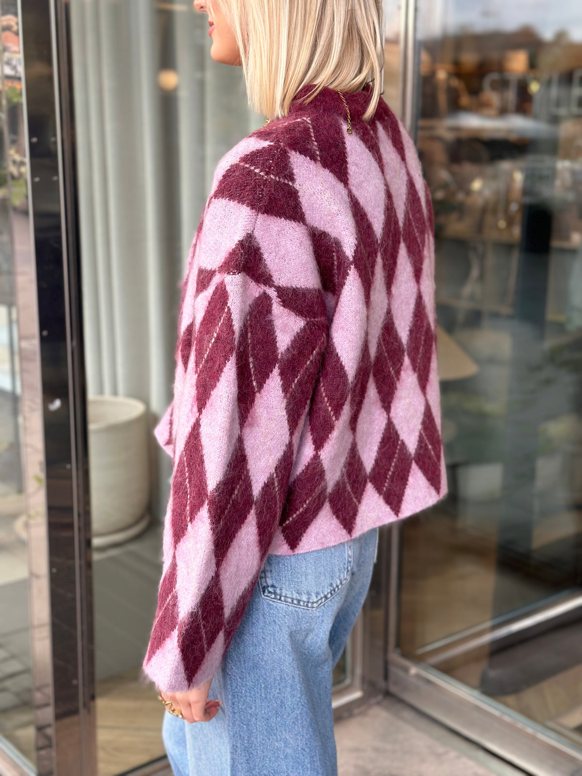 SELECTED FEMME - LULU BRUSHED ARGYLE KNIT O-NECK - TAWNY PORT WINDSOME ORCHID + BIRCH