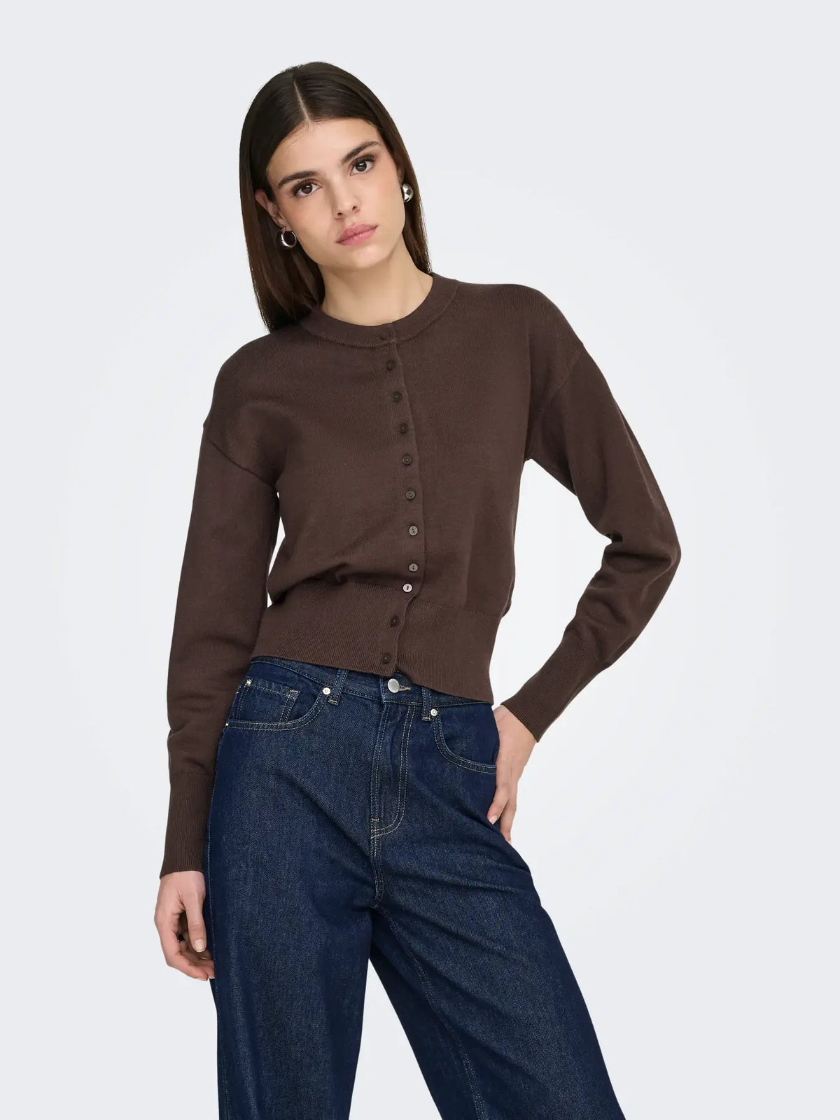 ONLY - MIO LS O-NECK BUTTON CARDIGAN - SEAL BROWN