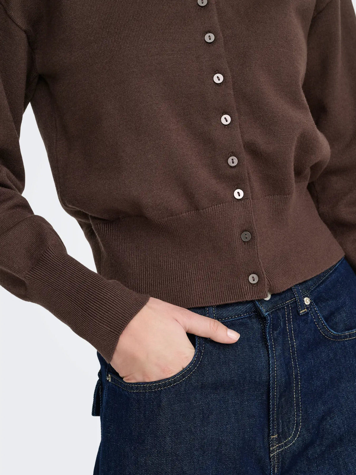 ONLY - MIO LS O-NECK BUTTON CARDIGAN - SEAL BROWN