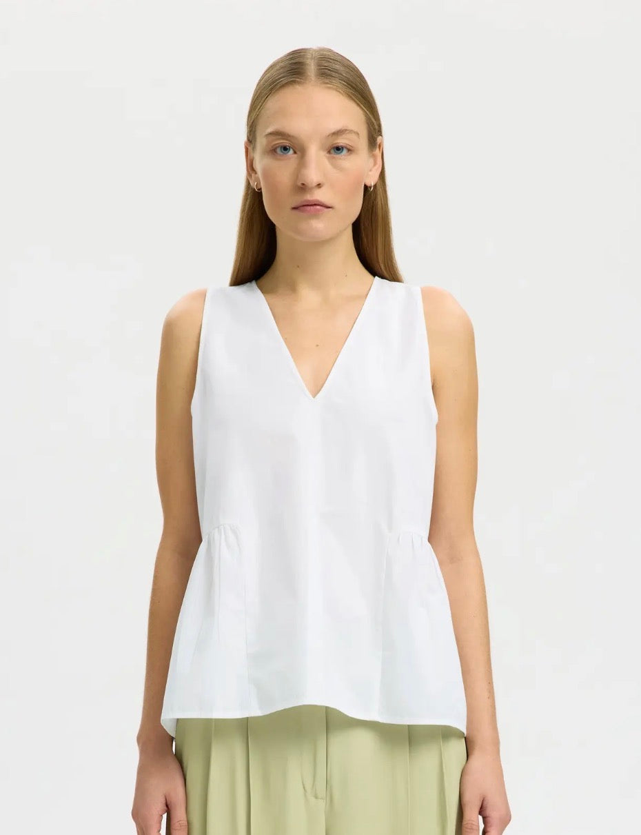 SELECTED FEMME - BLAIR SL V-NECK PEPLUM TOP - BRIGHT WHITE