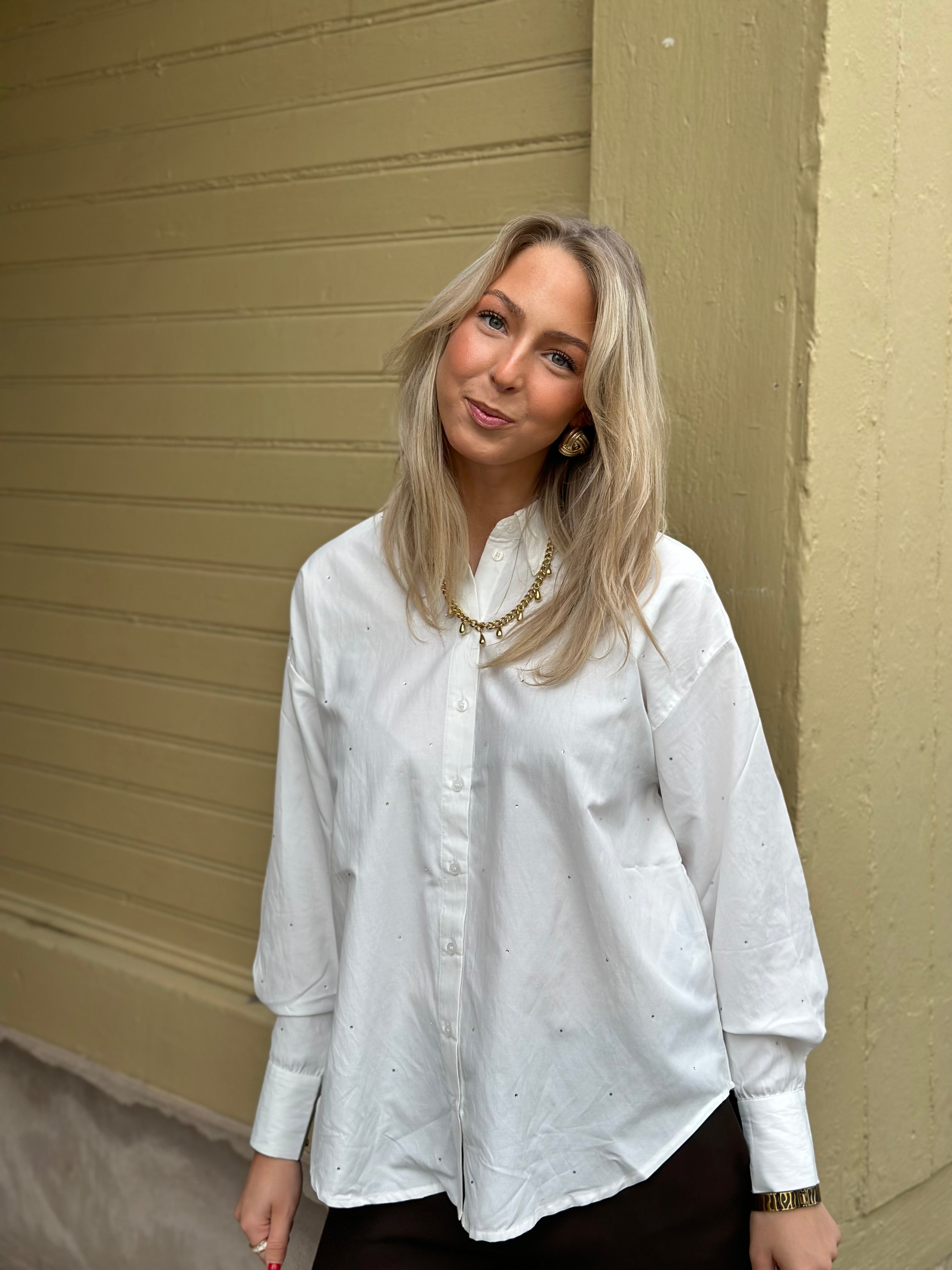 VEROMODA - FANNI RHINESTONE LS SHIRT - BRIGHT WHITE/RHINESTONE