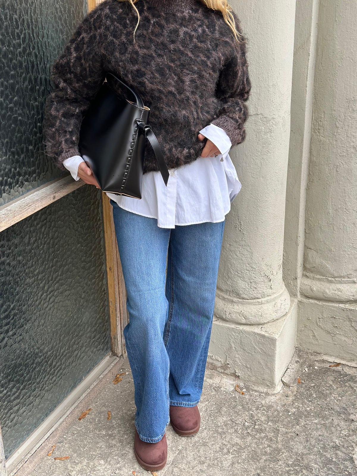 PIECES - ELINA LS HIGH NECK KNIT - HOT FUDGE/ LEOPARD