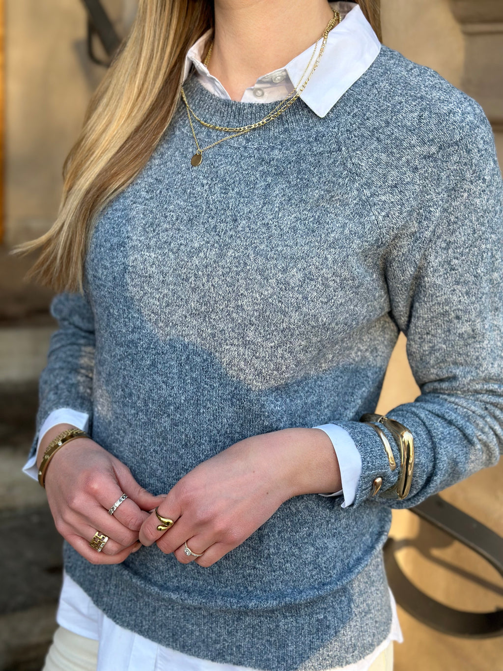 VEROMODA - DOFFY LS O-NECK BLOUSE - DARK DENIM/WHITE