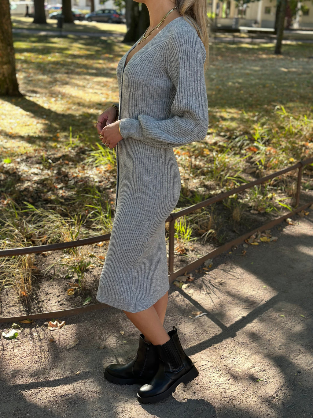 VEROMODA - EVA V-NECK LS RIB DRESS - MEDIUM GREY MELANGE