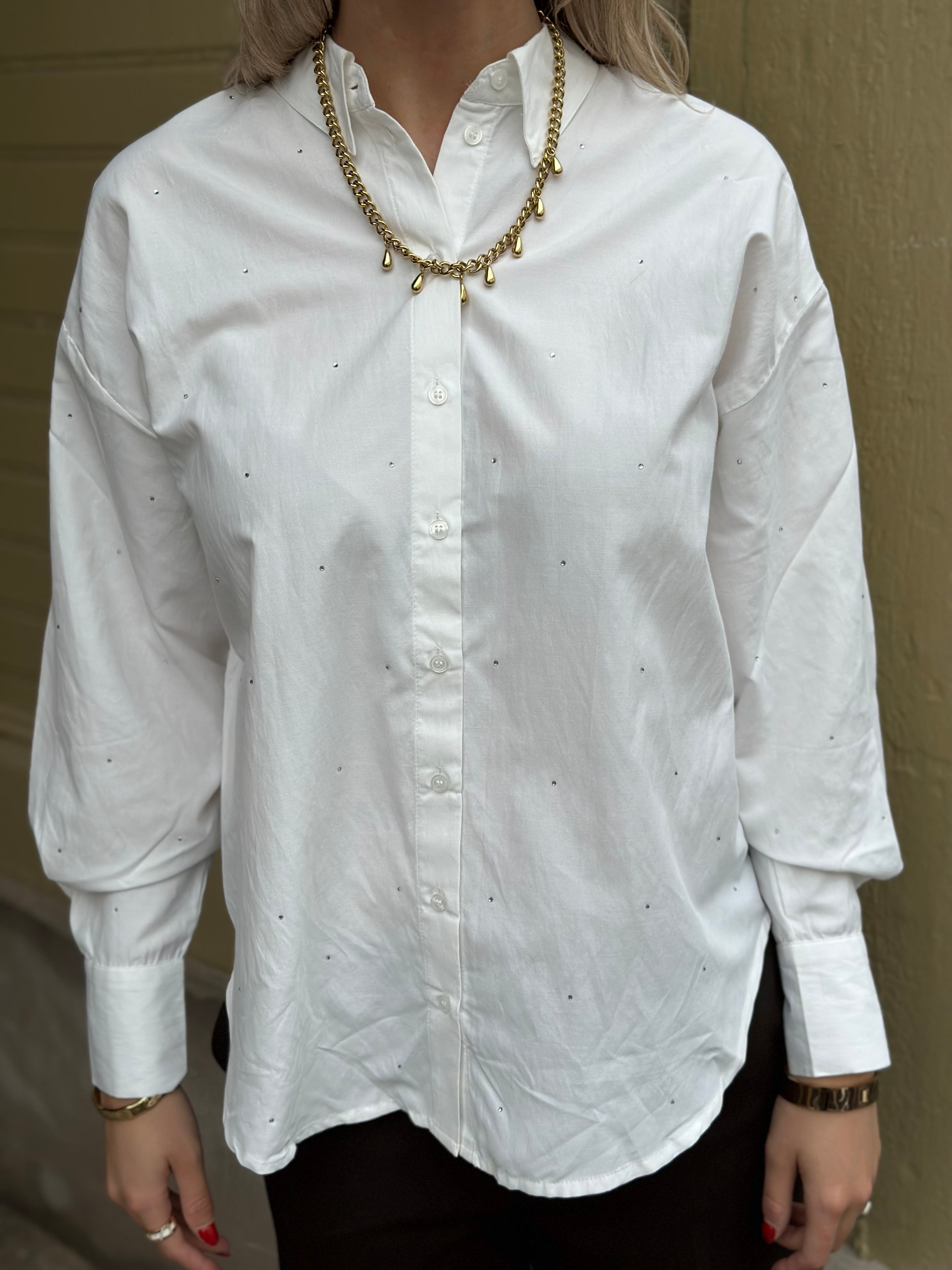 VEROMODA - FANNI RHINESTONE LS SHIRT - BRIGHT WHITE/RHINESTONE