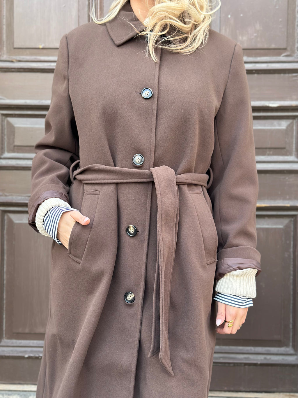 PIECES - AYA LONG COAT - HOT FUDGE