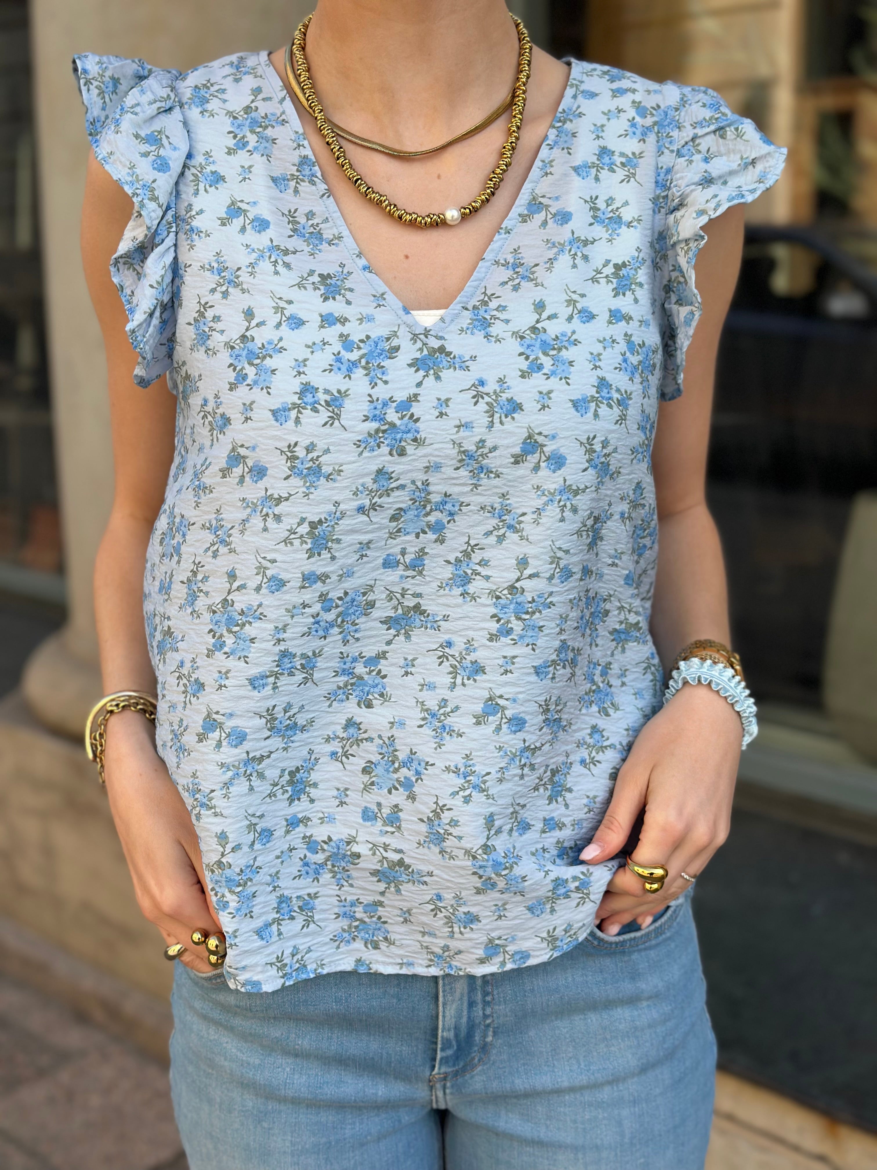 VEROMODA - JOSIE SL V-NECK TOP - CASHMERE BLUE/BLUE MOLLY