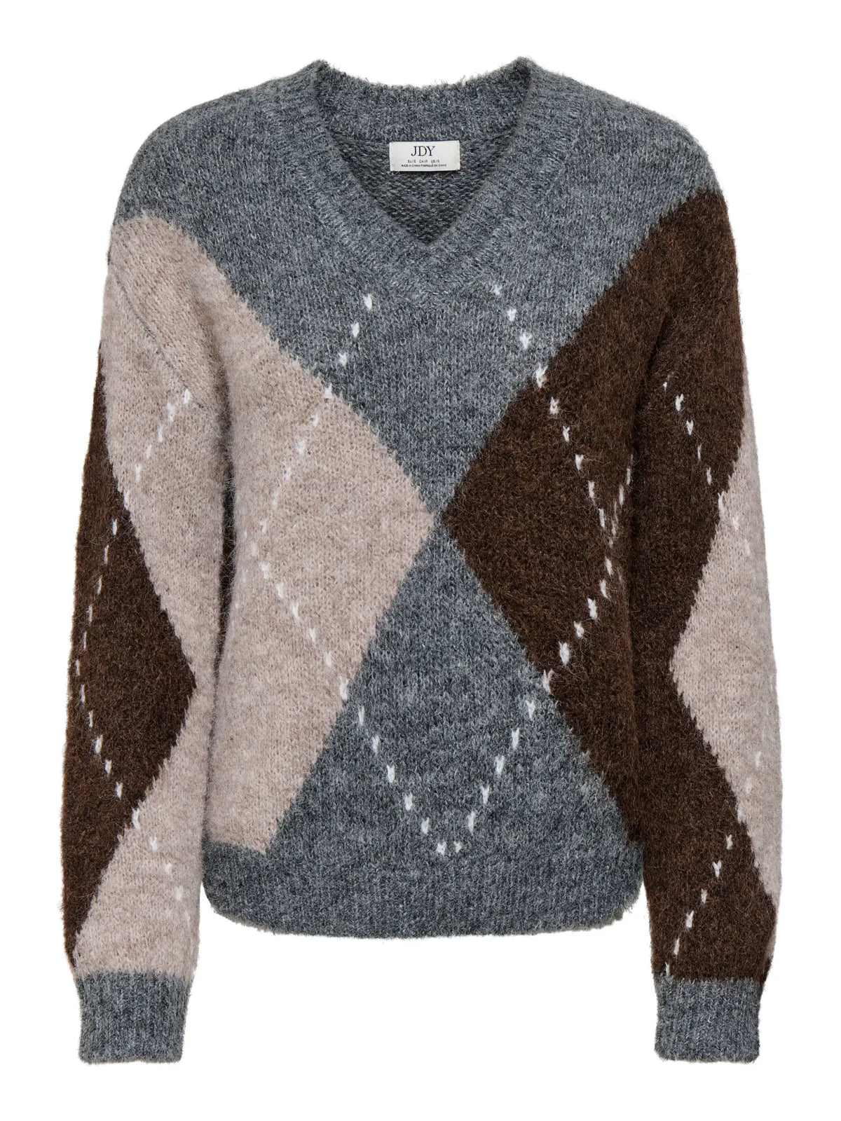 JDY - ZOEY L/S V-NECK ARGYLE PULLOVER - MEDIUM GREY MELANGE