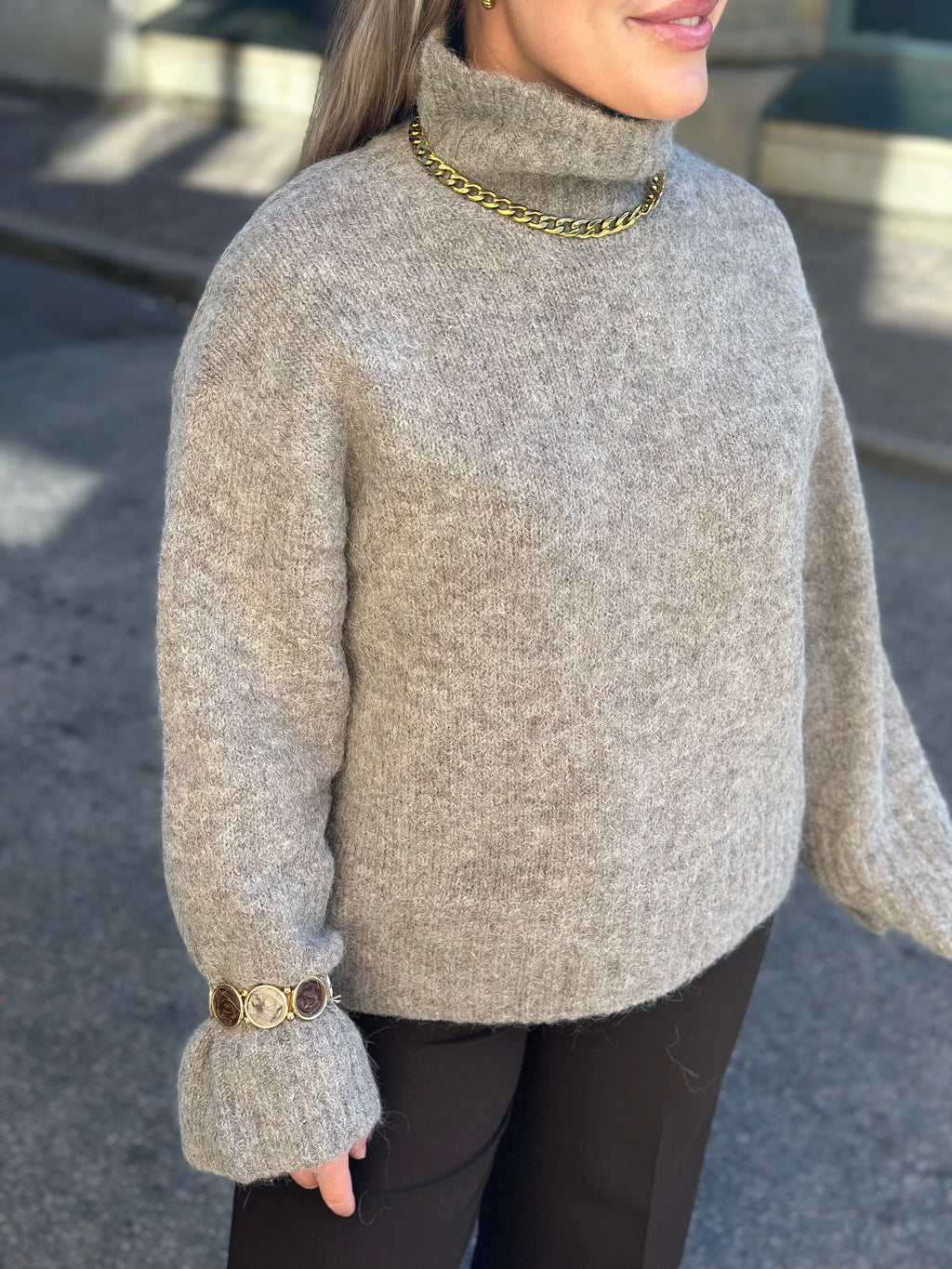 SELECTED FEMME - GABRIELLA LS KNIT HIGH NECK - STEEL GREY/MELANGE