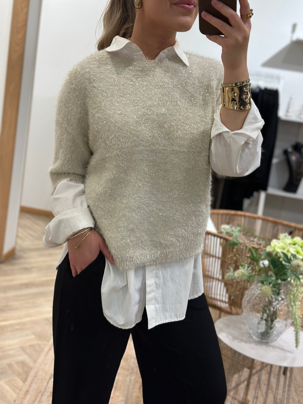 PIECES - MIE SS O-NECK KNIT - BIRCH