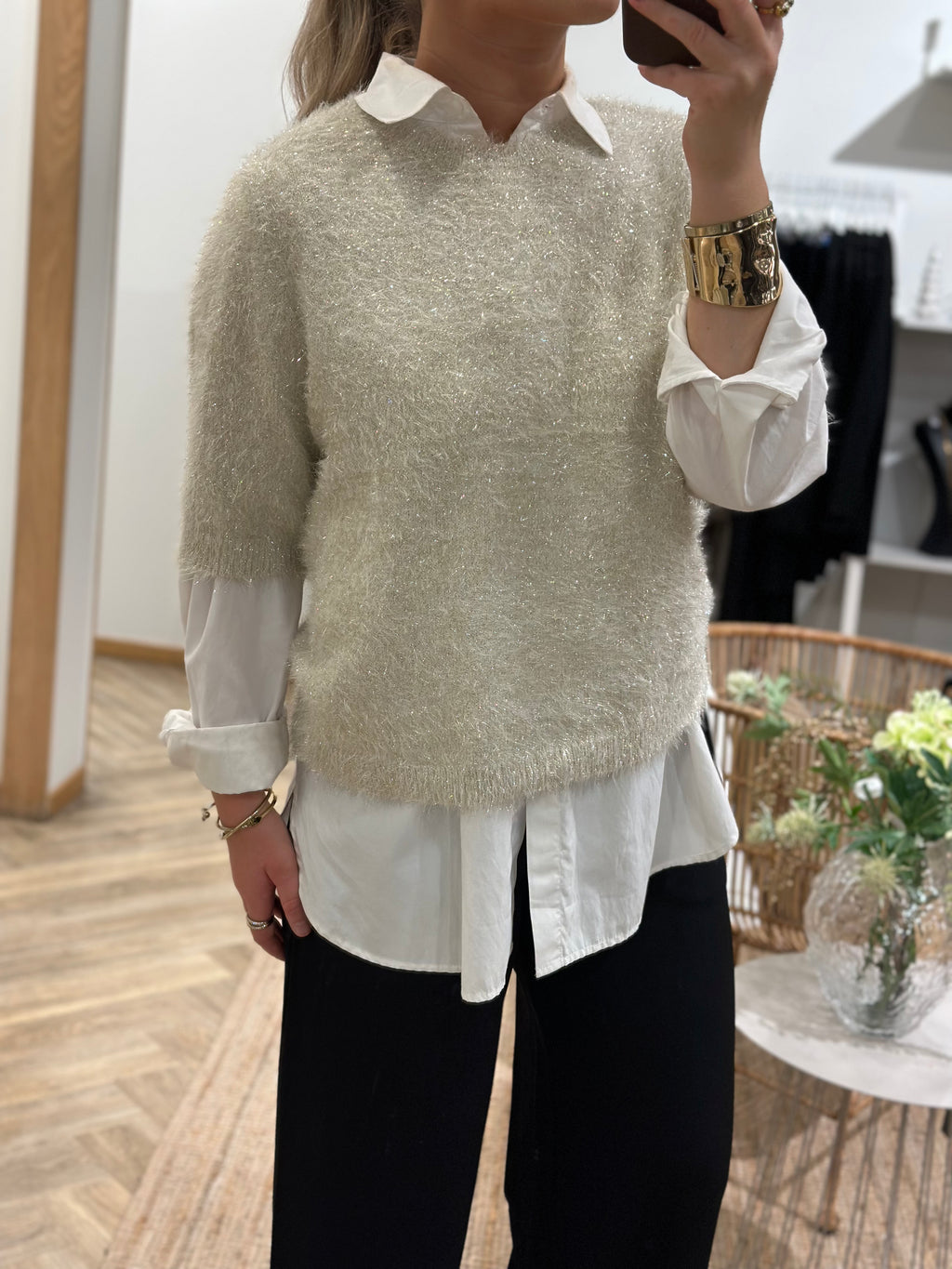 PIECES - MIE SS O-NECK KNIT - BIRCH