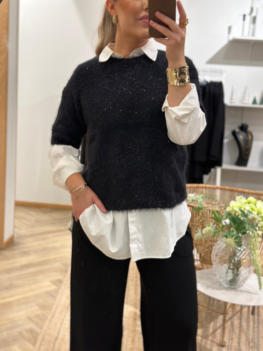 PIECES - MIE SS O-NECK KNIT - BLACK