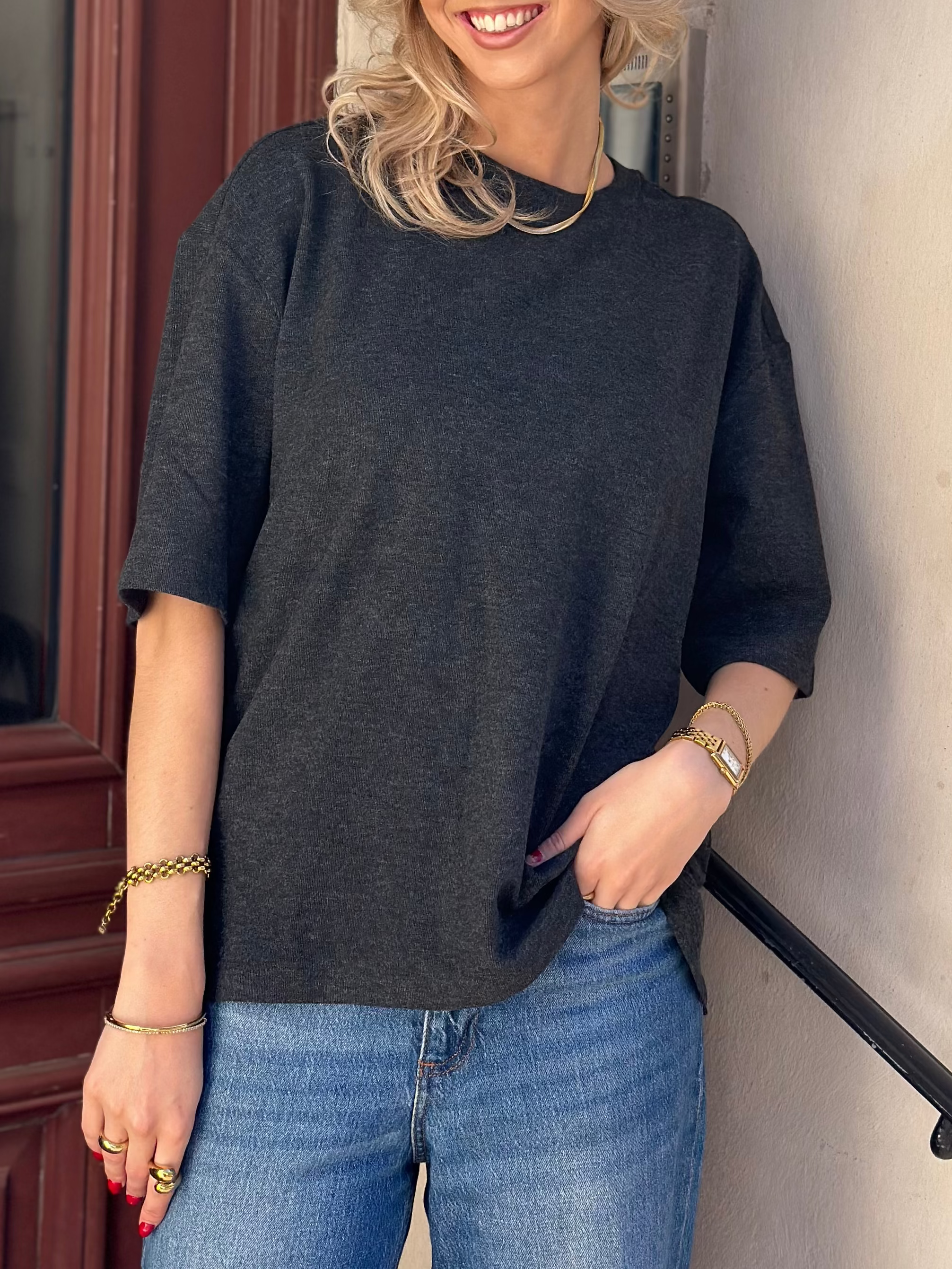 JDY - VITA LIFE S/S ONECK TOP - DARK GREY/MELANGE
