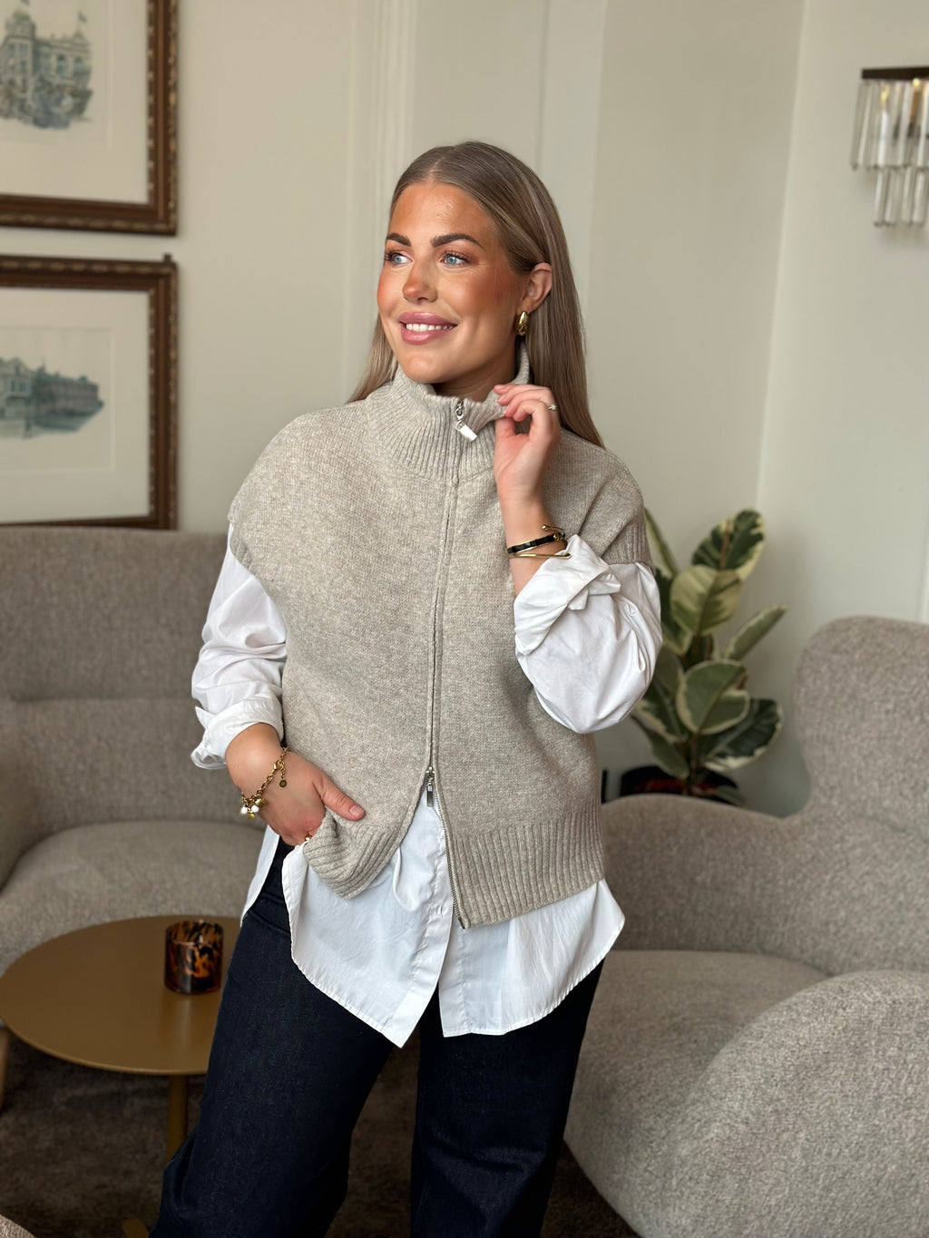 JDY - LEA S/L HN 2WAY ZIP VEST KNIT - NATURAL MELANGE