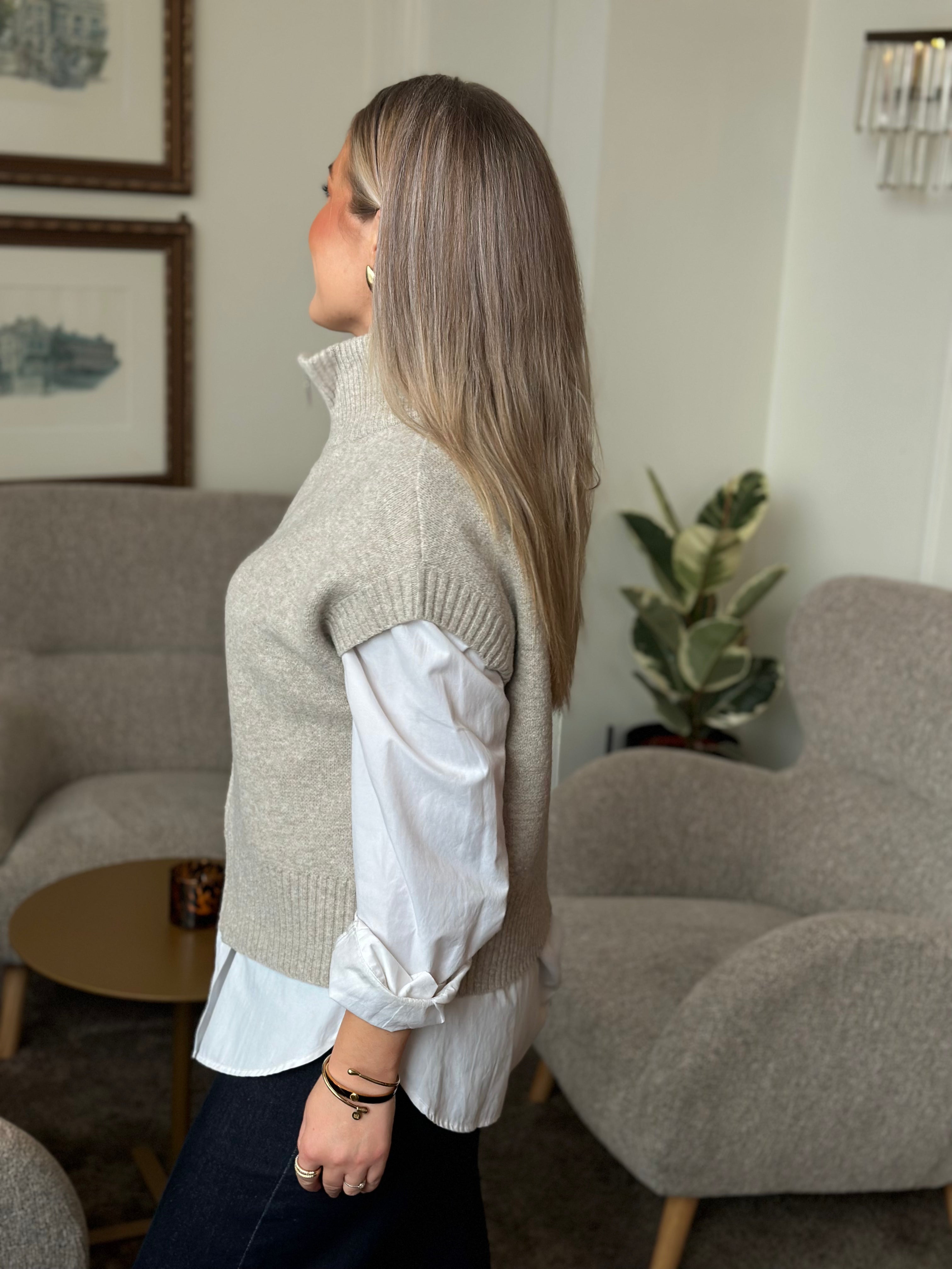 JDY - LEA S/L HN 2WAY ZIP VEST KNIT - NATURAL MELANGE