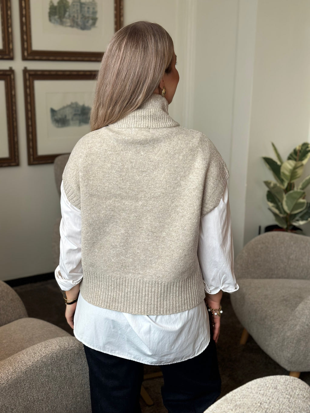 JDY - LEA S/L HN 2WAY ZIP VEST KNIT - NATURAL MELANGE