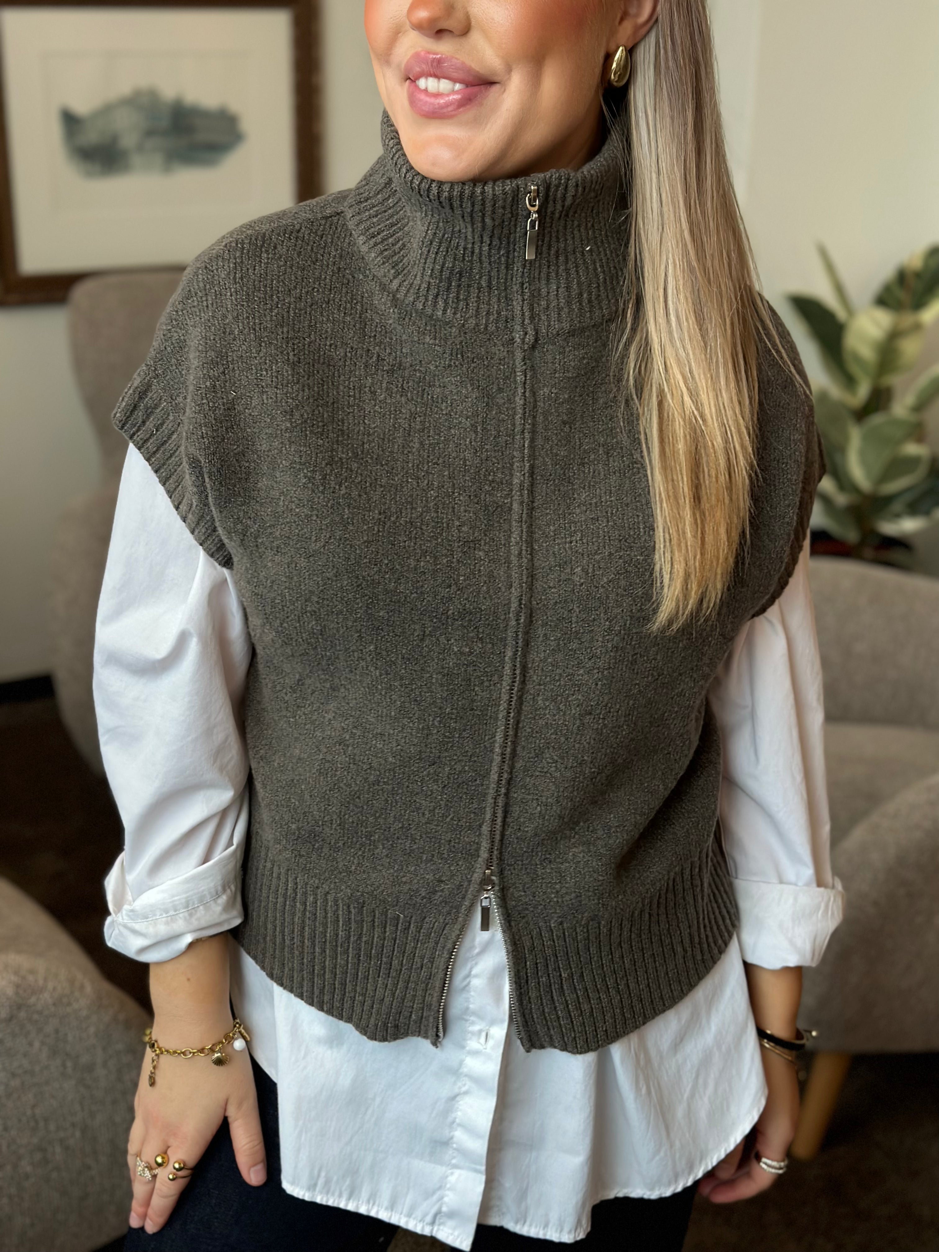 JDY - LEA S/L HN 2WAY ZIP VEST KNIT - FALCON/MELANGE