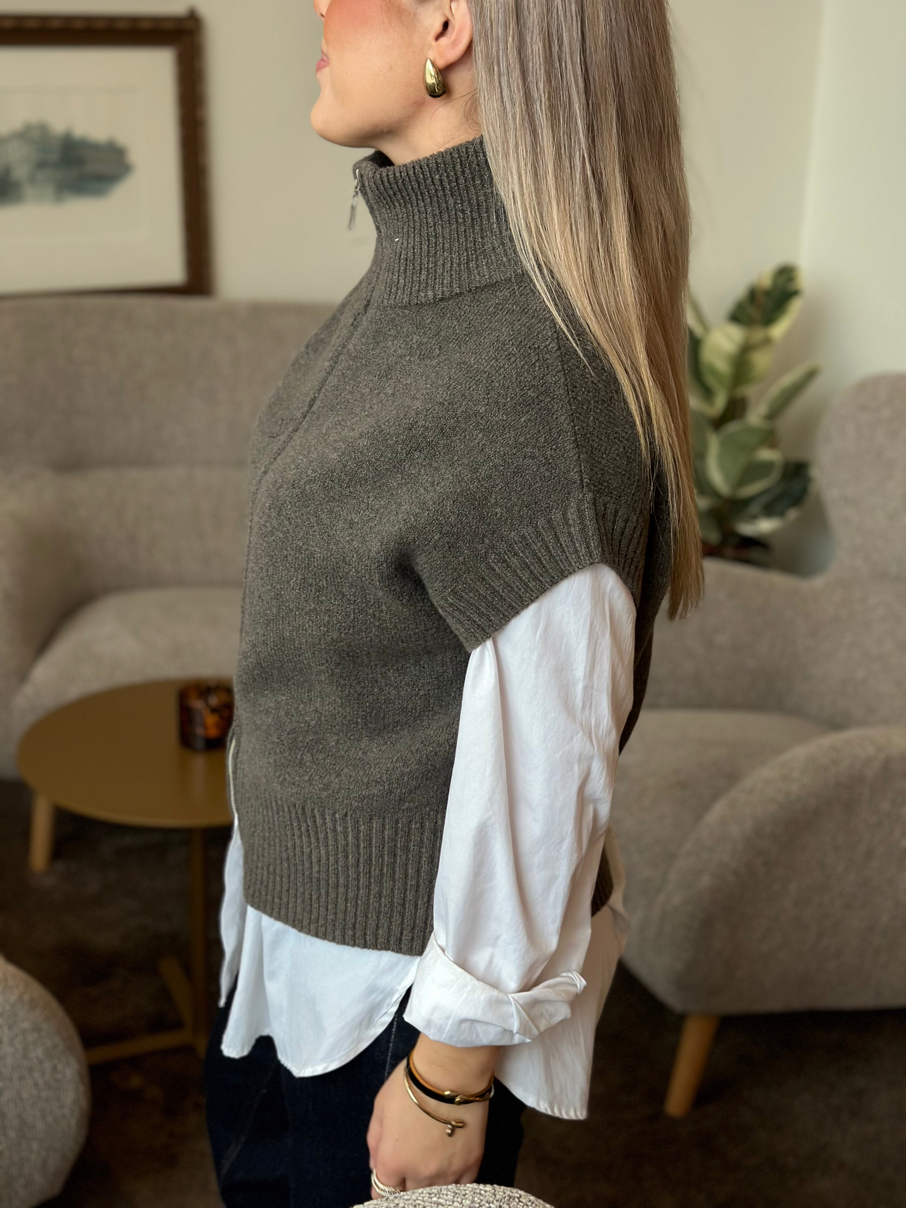 JDY - LEA S/L HN 2WAY ZIP VEST KNIT - FALCON/MELANGE