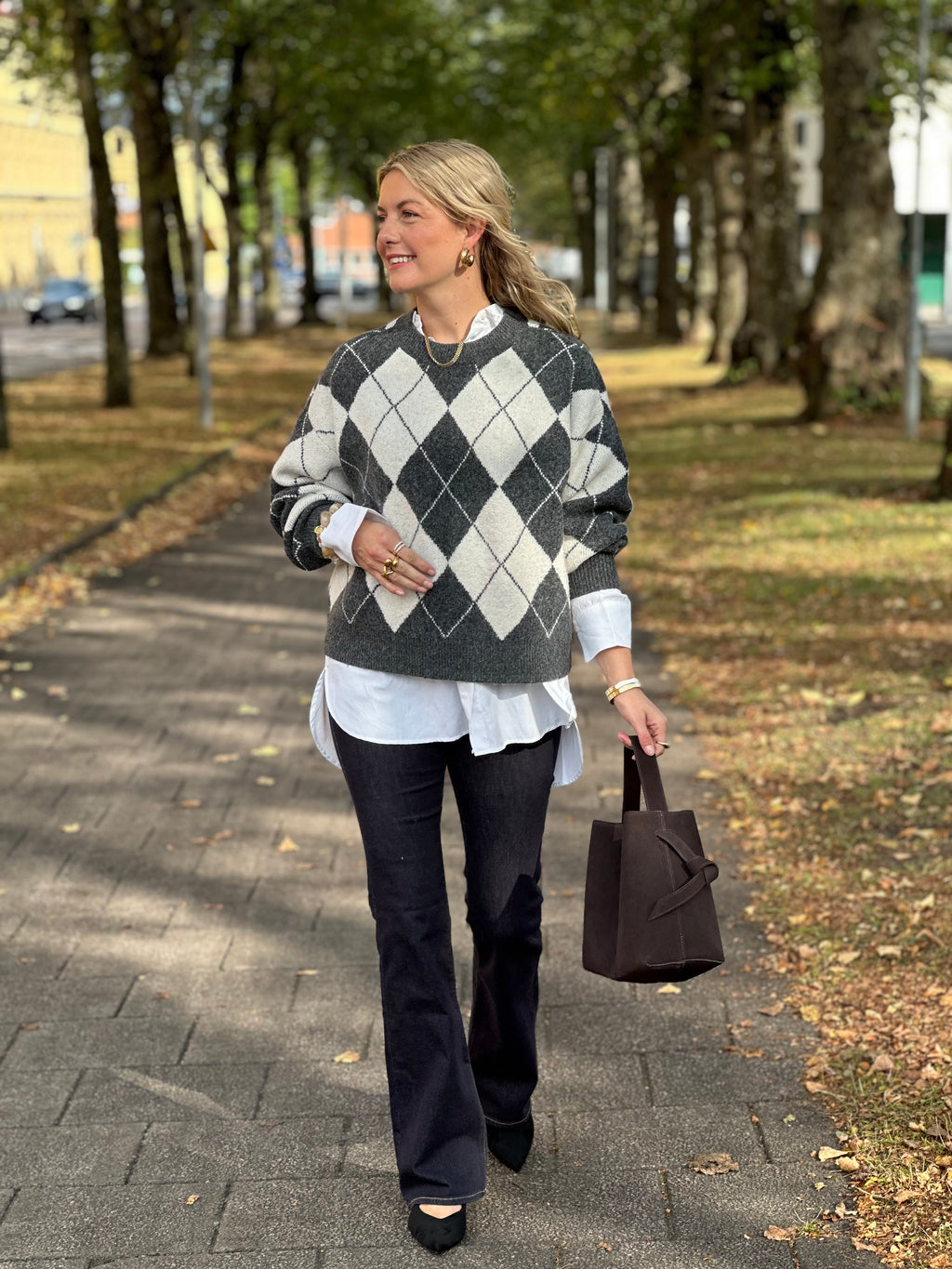 VEROMODA - DOFFY JAQUARD LS O-NECK PULLOVER - DARK GREY MELANGE/BIRCH