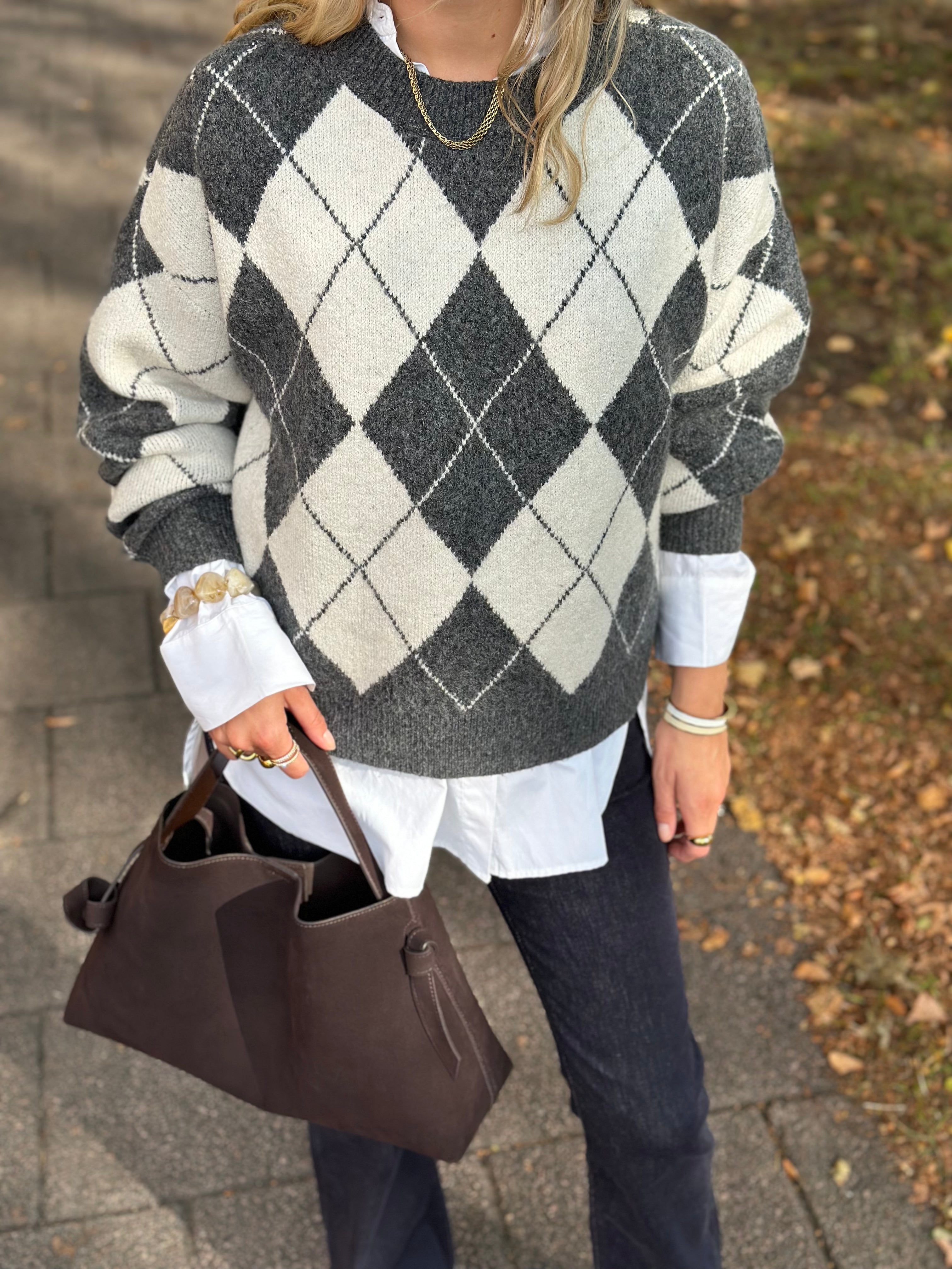 VEROMODA - DOFFY JAQUARD LS O-NECK PULLOVER - DARK GREY MELANGE/BIRCH