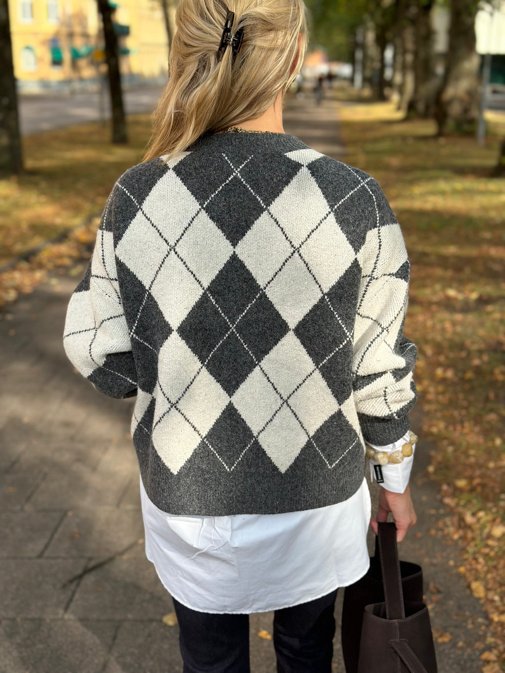 VEROMODA - DOFFY JAQUARD LS O-NECK PULLOVER - DARK GREY MELANGE/BIRCH