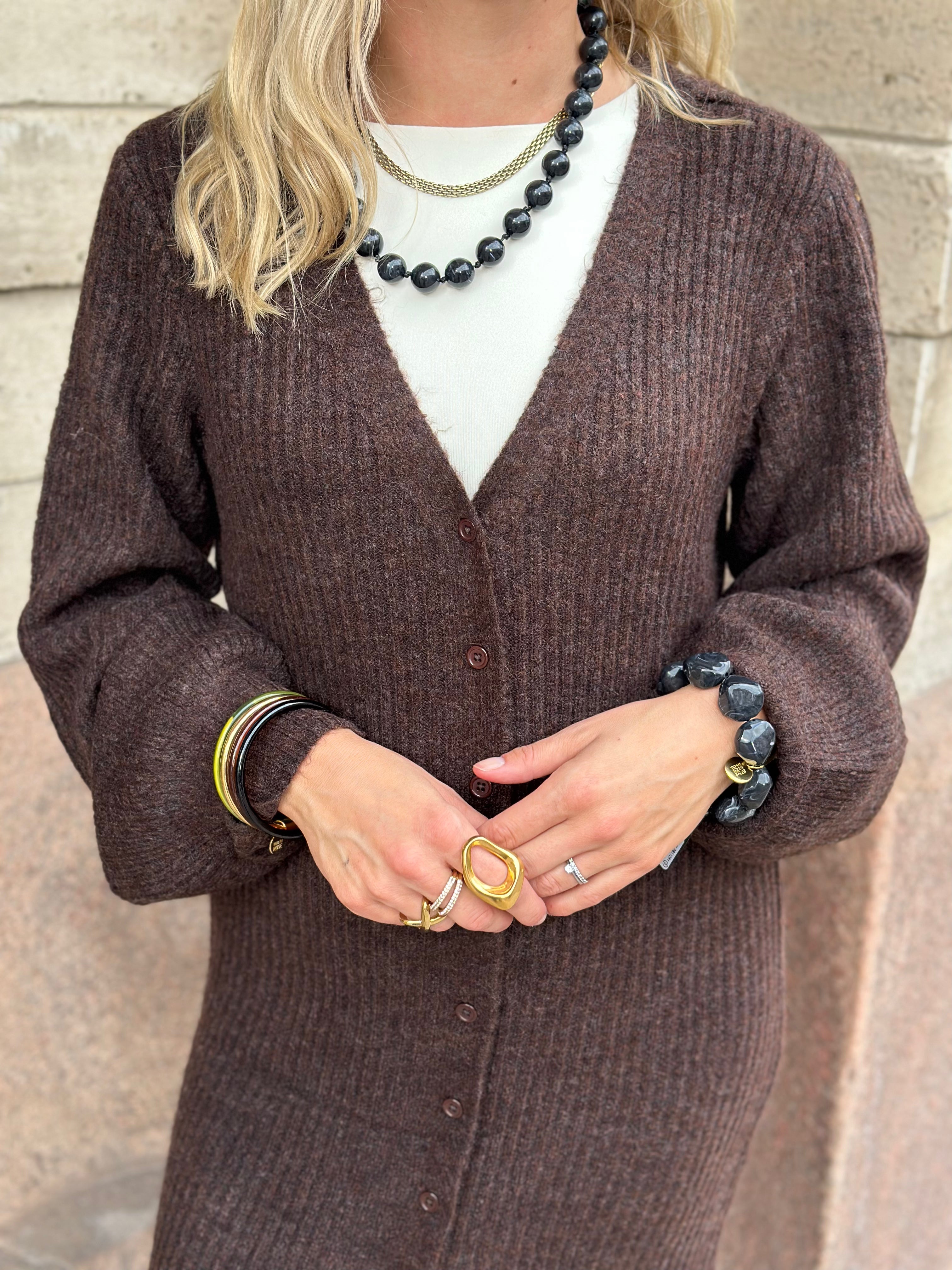 PIECES - FALY LS KNIT DRESS - HOT FUDGE/MELANGE