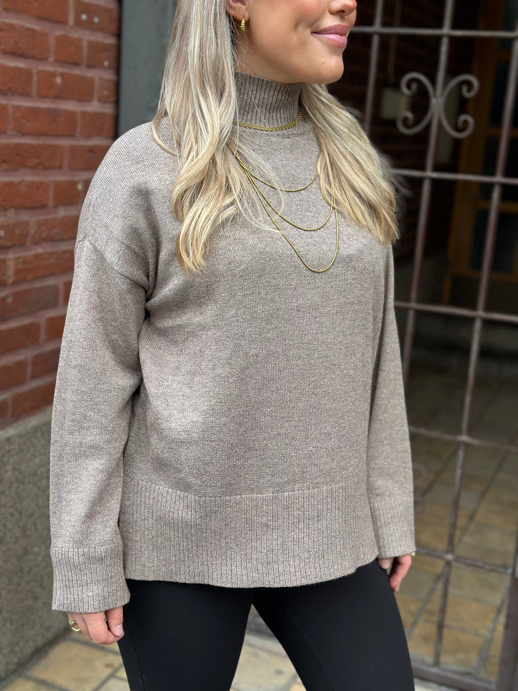 ONLY - MARY LS HIGH NECL SLIT KNIT - SHAVED CHOCOLAT/MELANGE