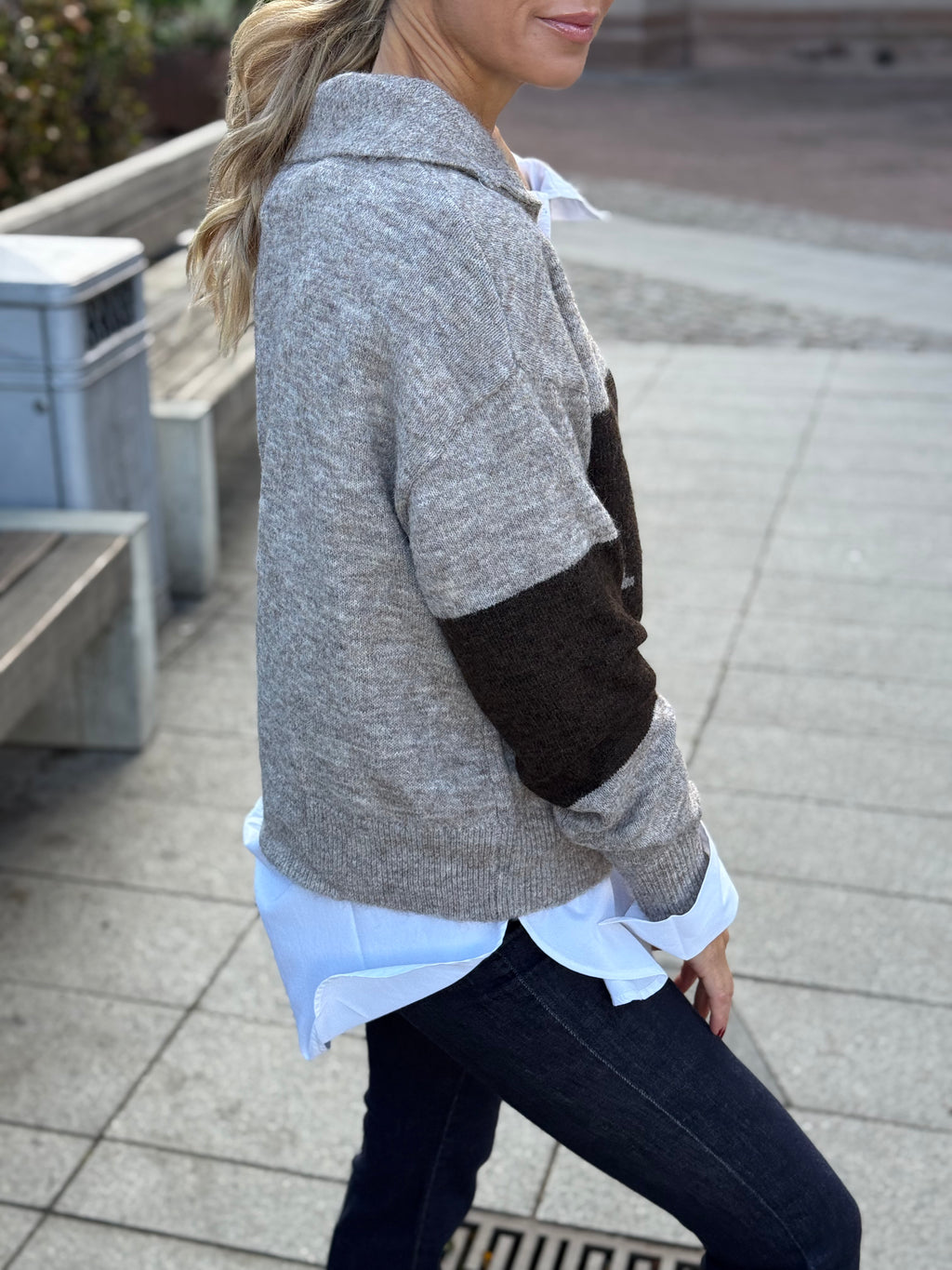 PIECES - ALLIE LS HALF ZIP KNIT - GREIGE/HOT FUDGE