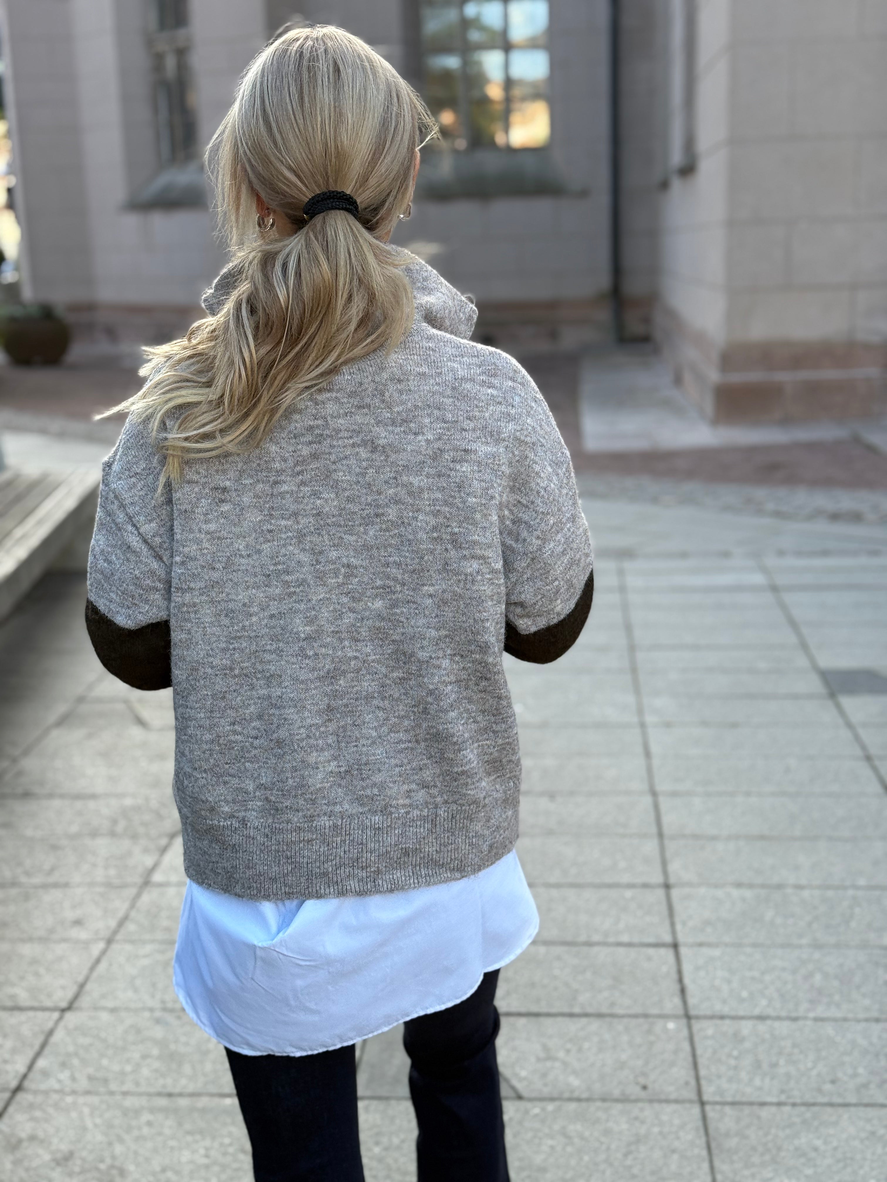 PIECES - ALLIE LS HALF ZIP KNIT - GREIGE/HOT FUDGE