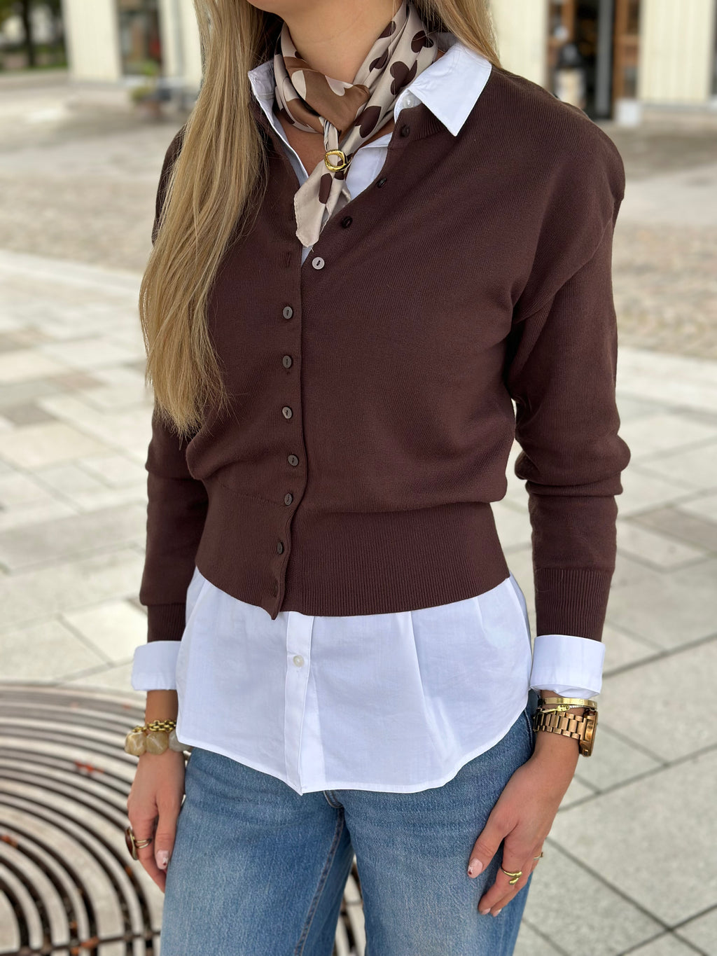 ONLY - MIO LS O-NECK BUTTON CARDIGAN - SEAL BROWN
