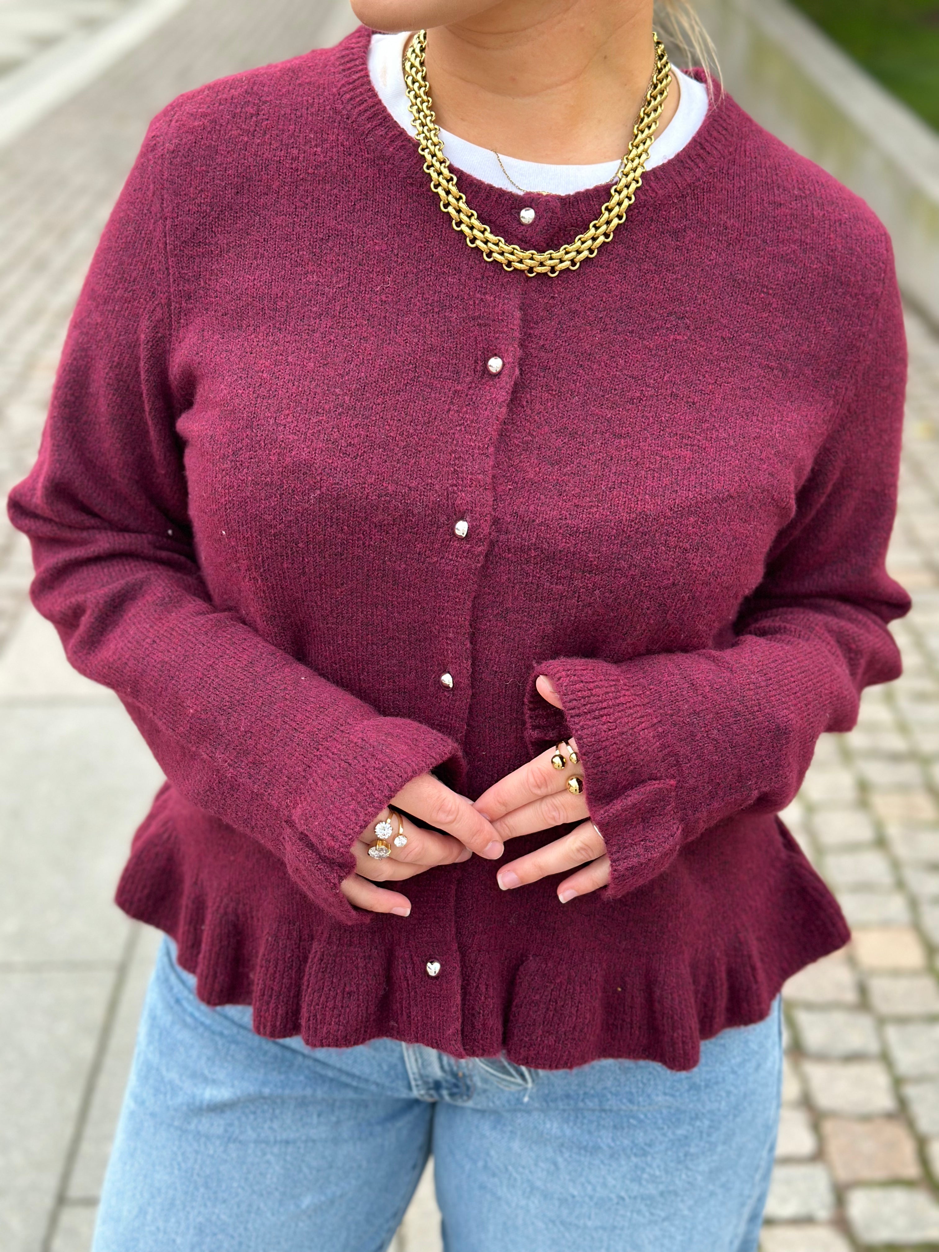 PIECES - AMOS LS O-NECK KNIT CARDIGAN - WINETASTING/MELANGE