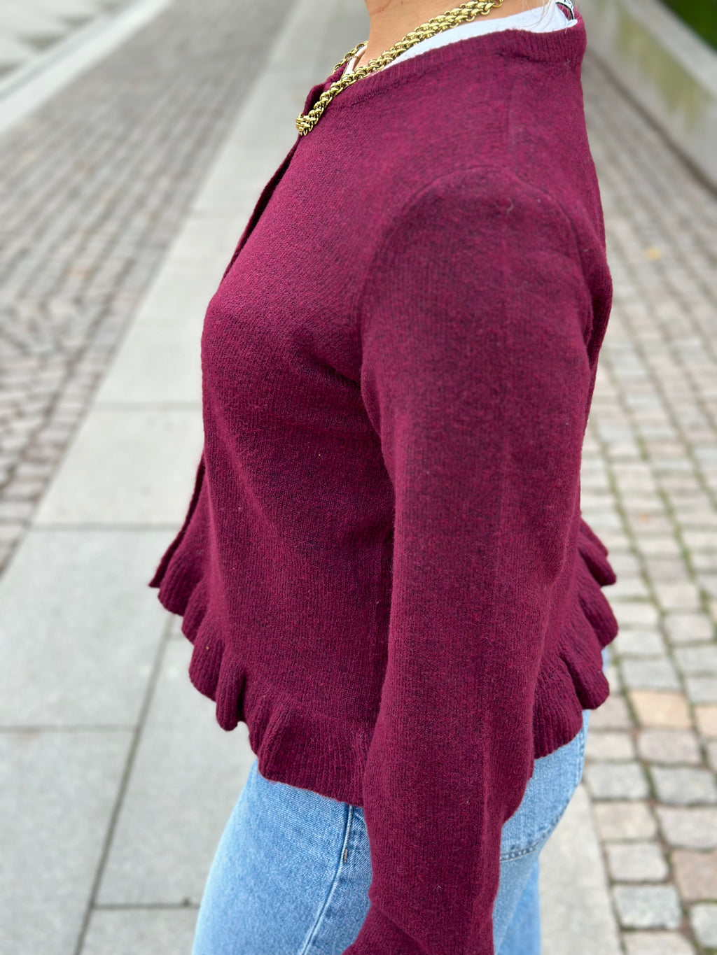 PIECES - AMOS LS O-NECK KNIT CARDIGAN - WINETASTING/MELANGE