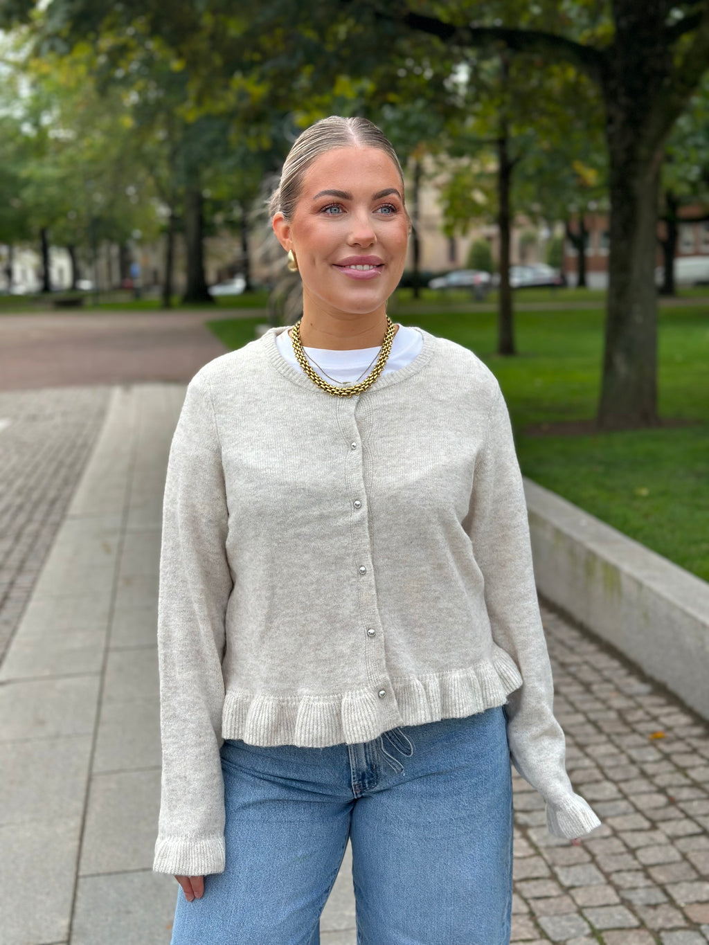 PIECES - AMOS LS O-NECK KNIT CARDIGAN - BIRCH/MELANGE