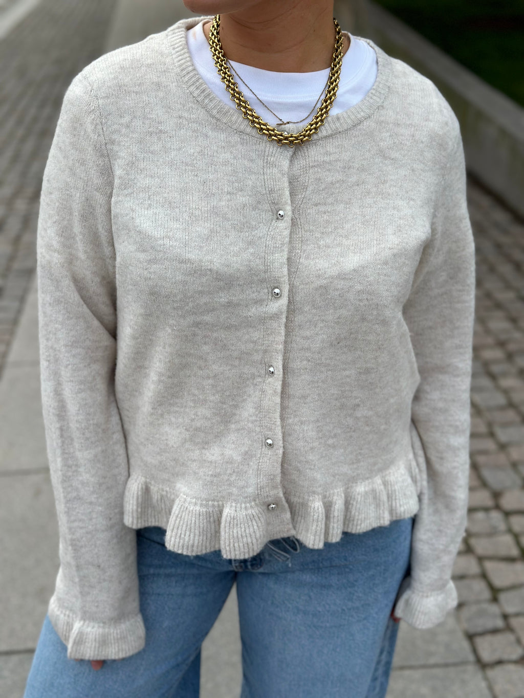 PIECES - AMOS LS O-NECK KNIT CARDIGAN - BIRCH/MELANGE