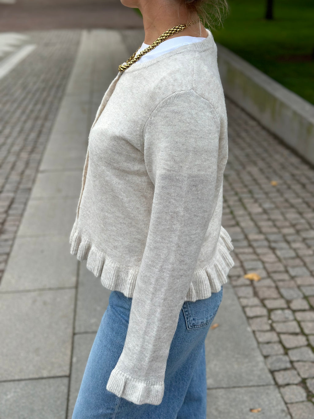 PIECES - AMOS LS O-NECK KNIT CARDIGAN - BIRCH/MELANGE
