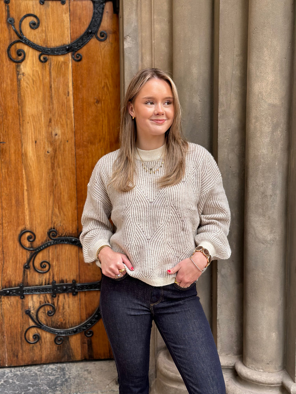 PIECES - JENNA LS O-NECK KNIT - WHITECAP GRAY/GREIGE