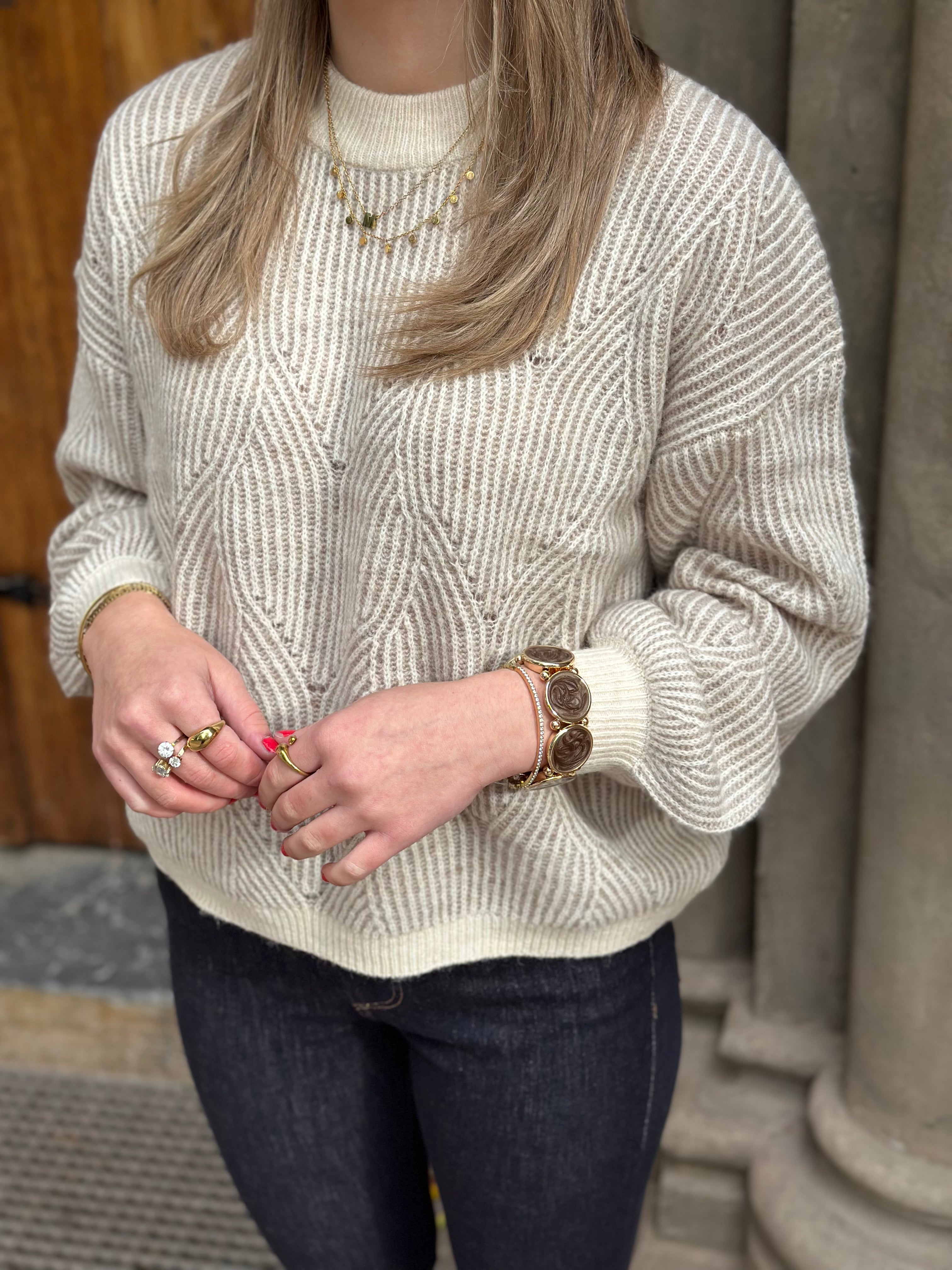 PIECES - JENNA LS O-NECK KNIT - WHITECAP GRAY/GREIGE