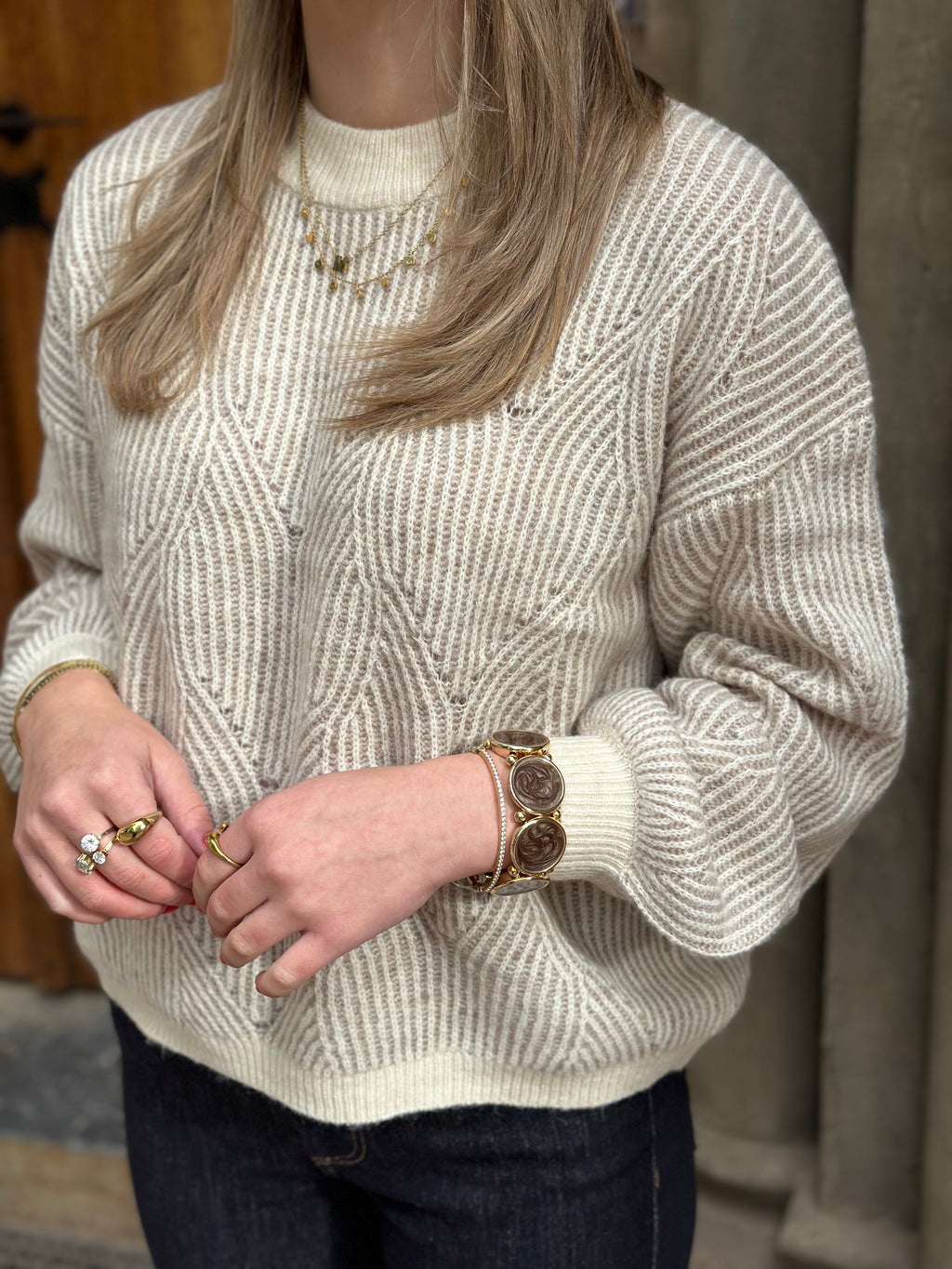 PIECES - JENNA LS O-NECK KNIT - WHITECAP GRAY/GREIGE