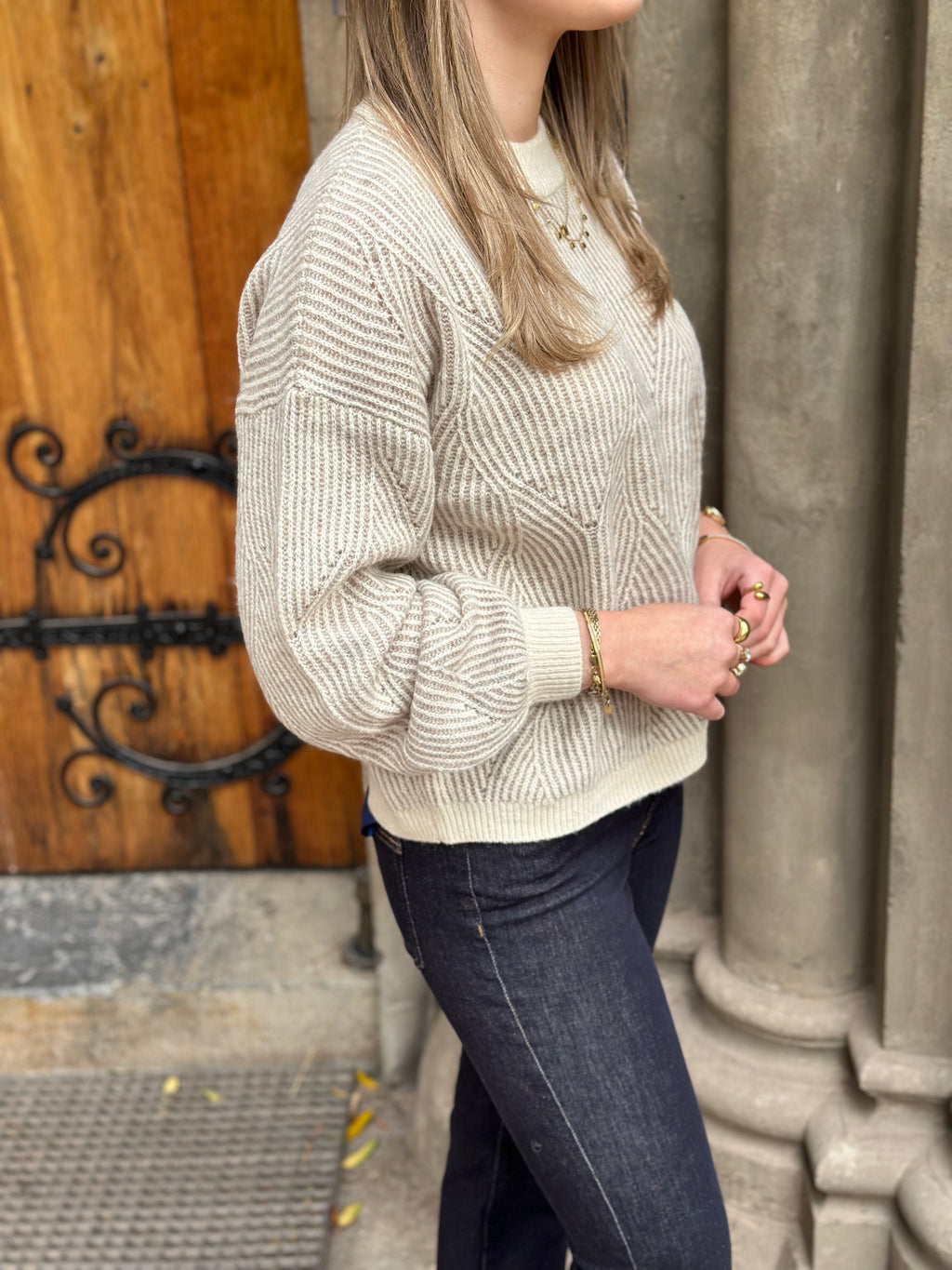 PIECES - JENNA LS O-NECK KNIT - WHITECAP GRAY/GREIGE
