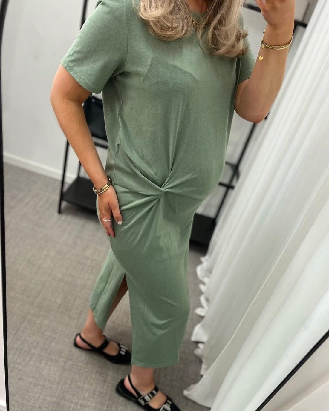 VERO MODA - TASS SS O-NECK 7/8 DRESS - HEDGE GREEN