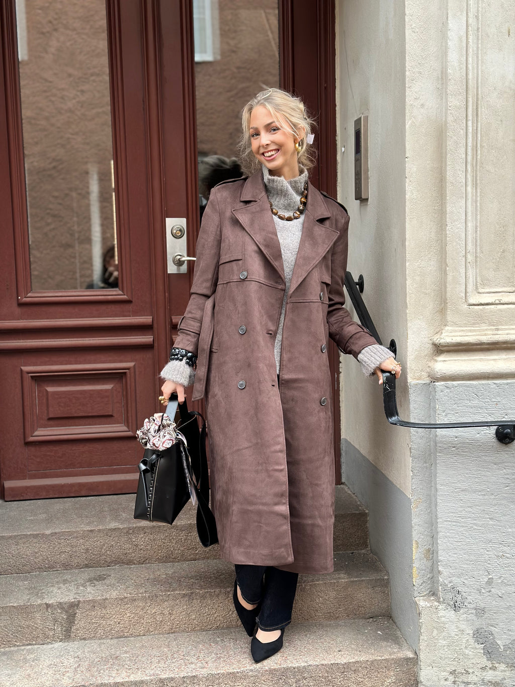 ONLY - LINA LONG FAUX SUEDE TRENCHCOAT - CHOCOLATE BROWN