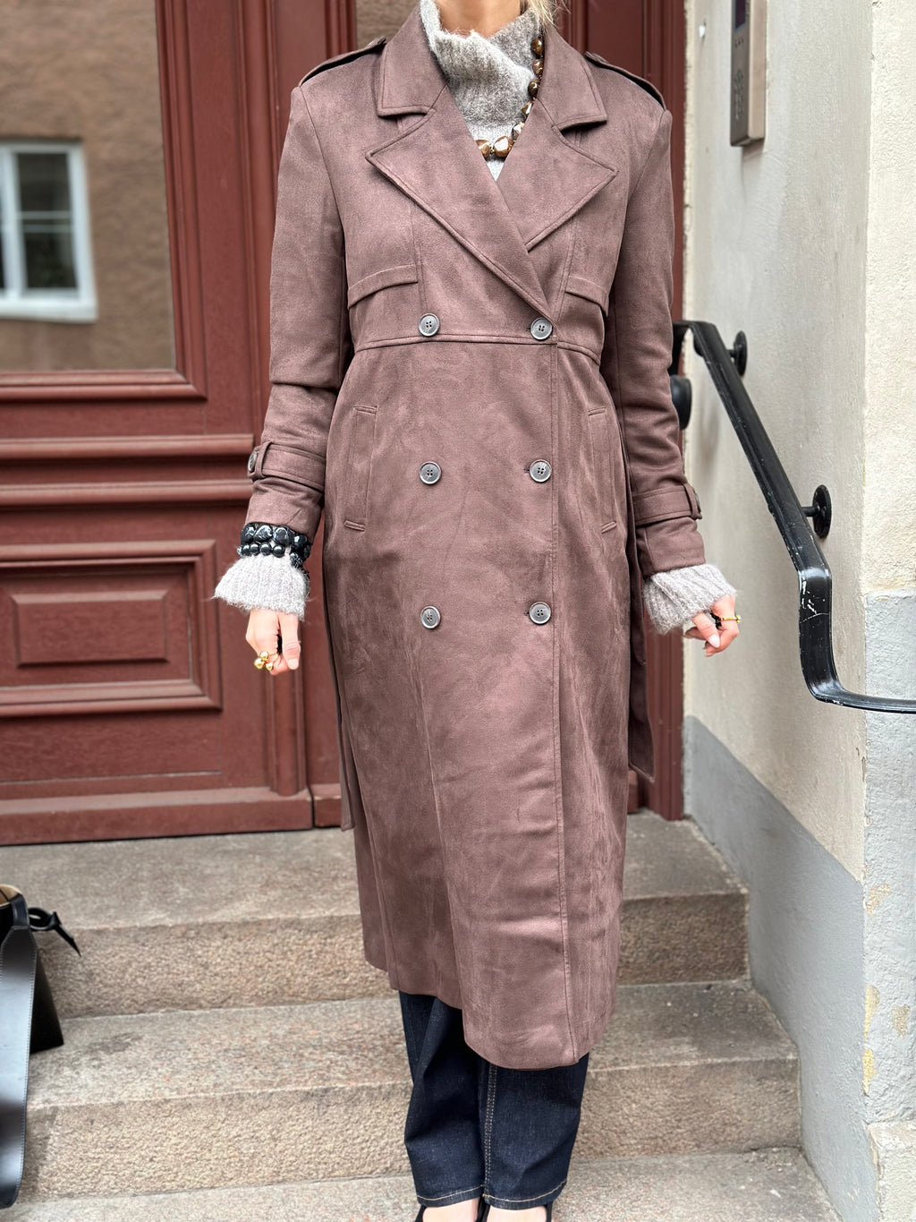 ONLY - LINA LONG FAUX SUEDE TRENCHCOAT - CHOCOLATE BROWN