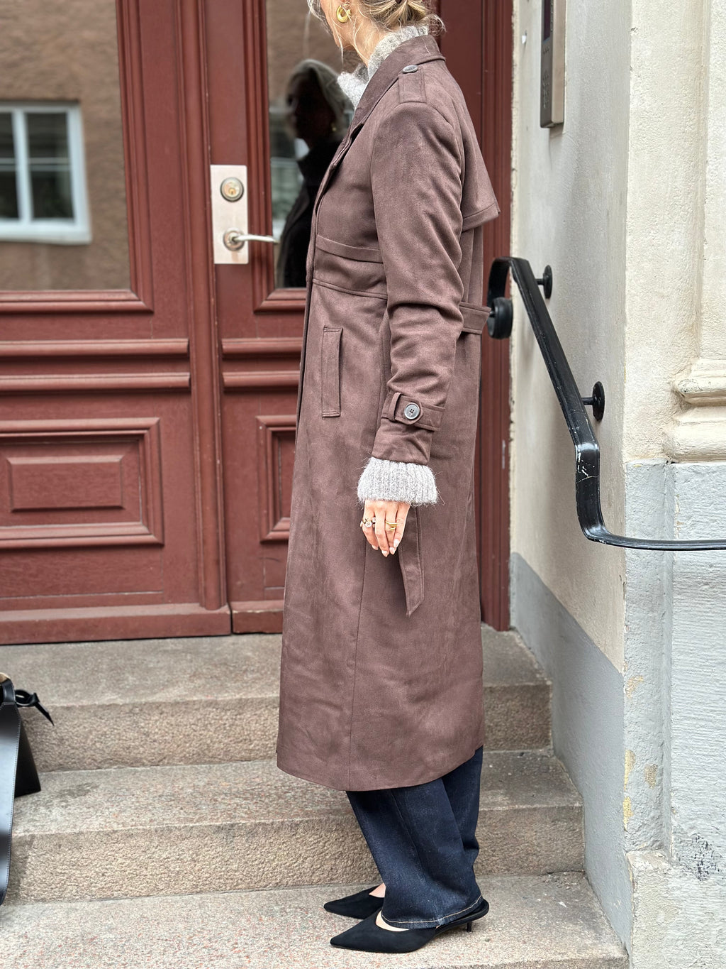 ONLY - LINA LONG FAUX SUEDE TRENCHCOAT - CHOCOLATE BROWN
