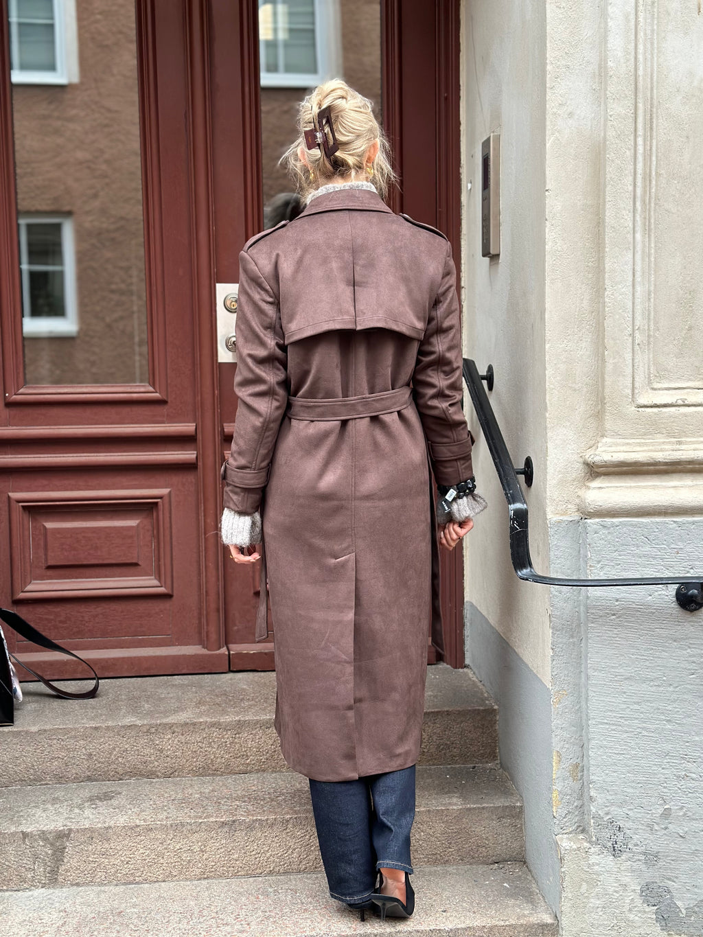 ONLY - LINA LONG FAUX SUEDE TRENCHCOAT - CHOCOLATE BROWN