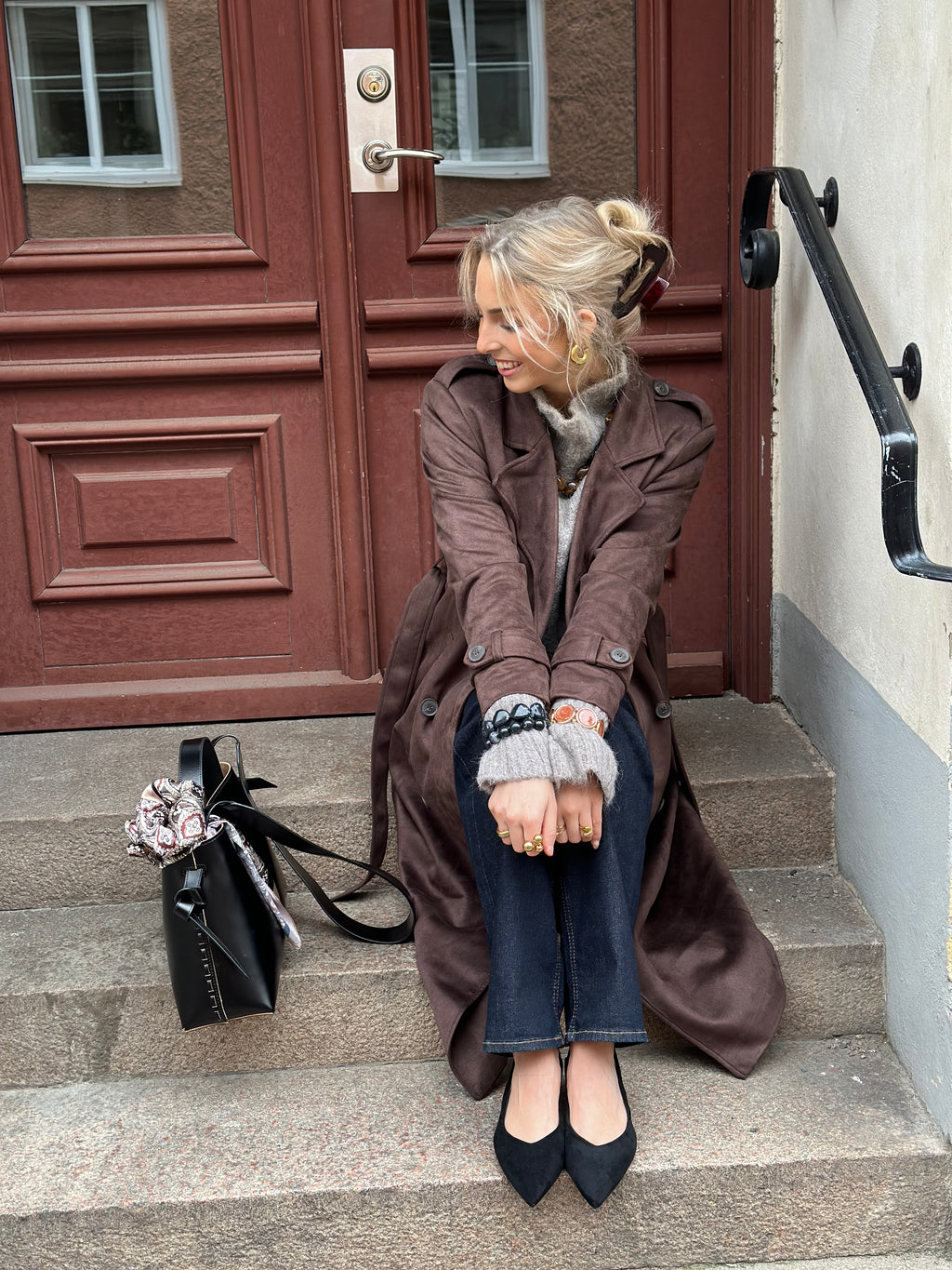 ONLY - LINA LONG FAUX SUEDE TRENCHCOAT - CHOCOLATE BROWN