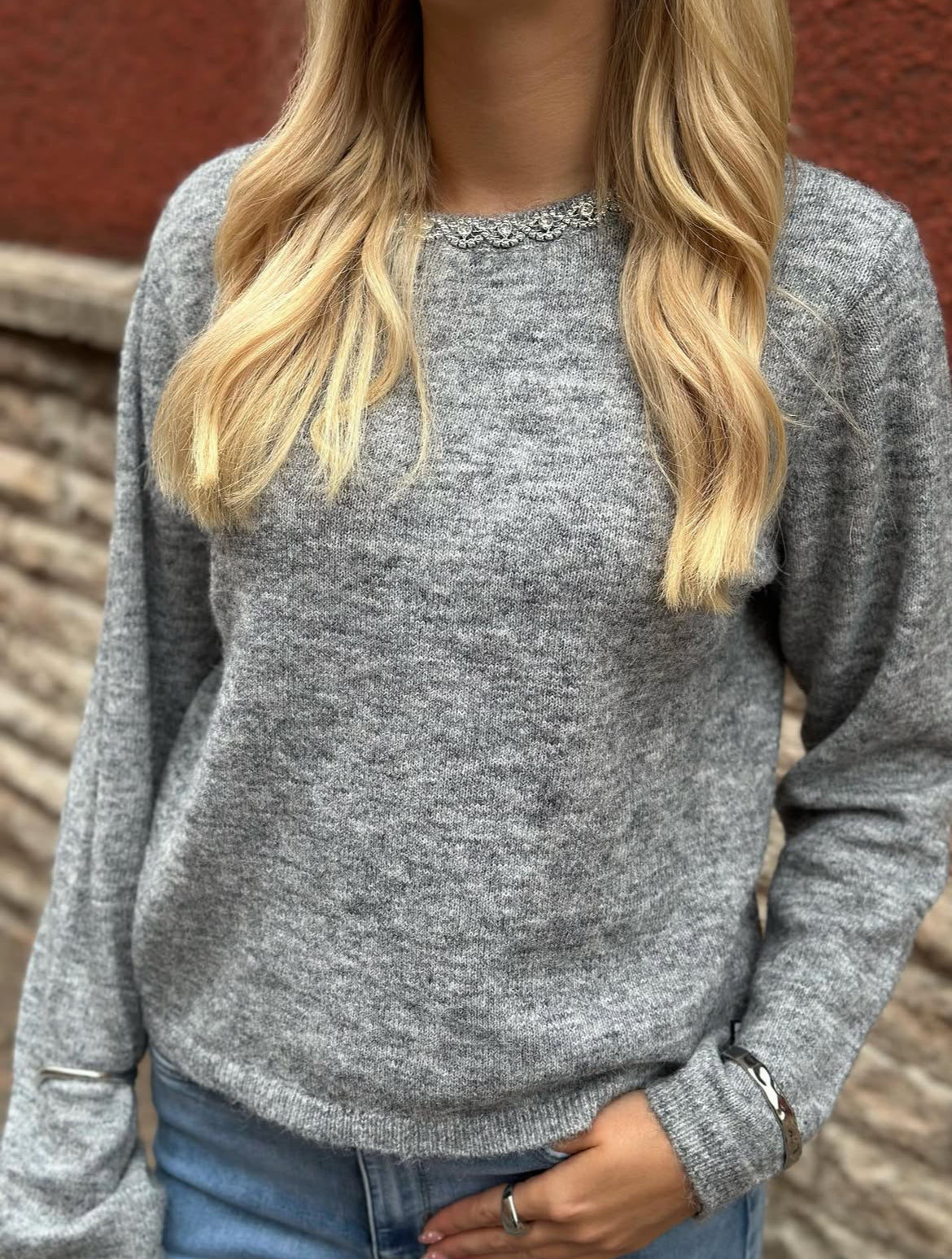 JDY - ALVA LIFE L/S EMBELLISH PULLOVER - MEDIUM GREY MEL/SILVER EMB