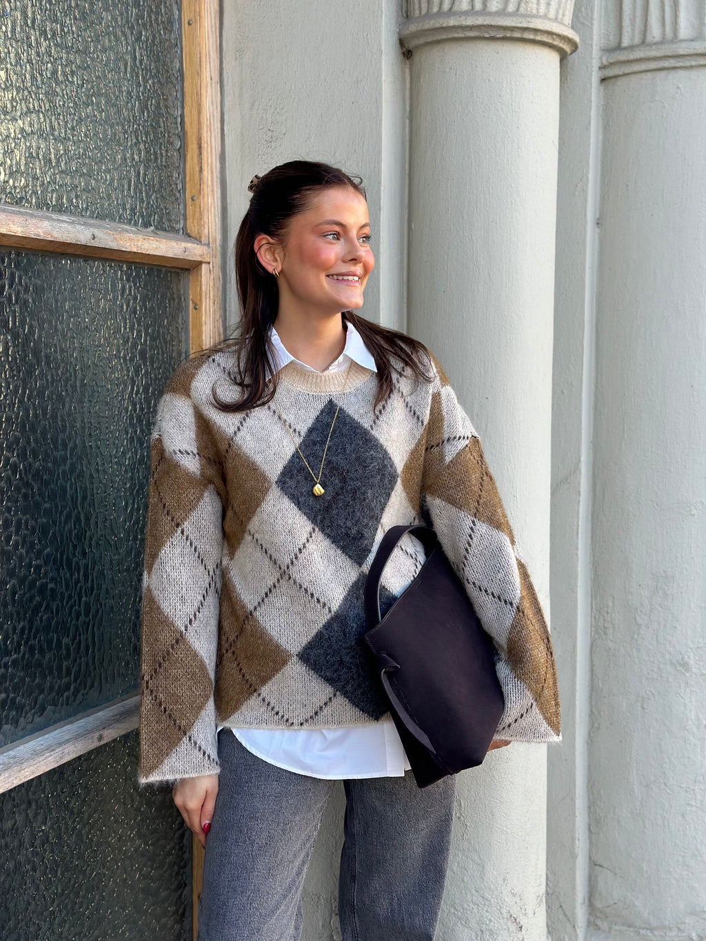 ONLY - NOEME LS PATTERN O-NECK KNIT - OATMEAL/ARGYLE